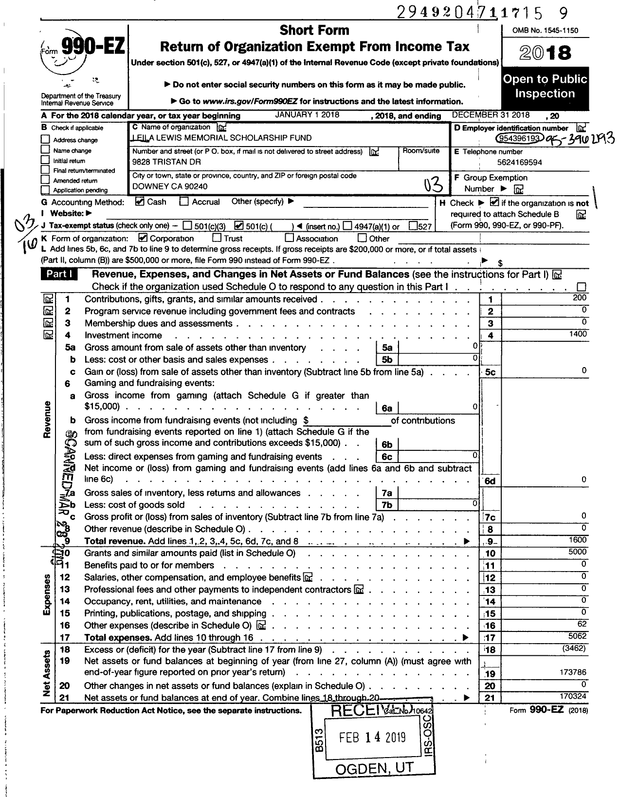 Image of first page of 2018 Form 990EZ for Leila Lewis Memorial Scholarship Fund