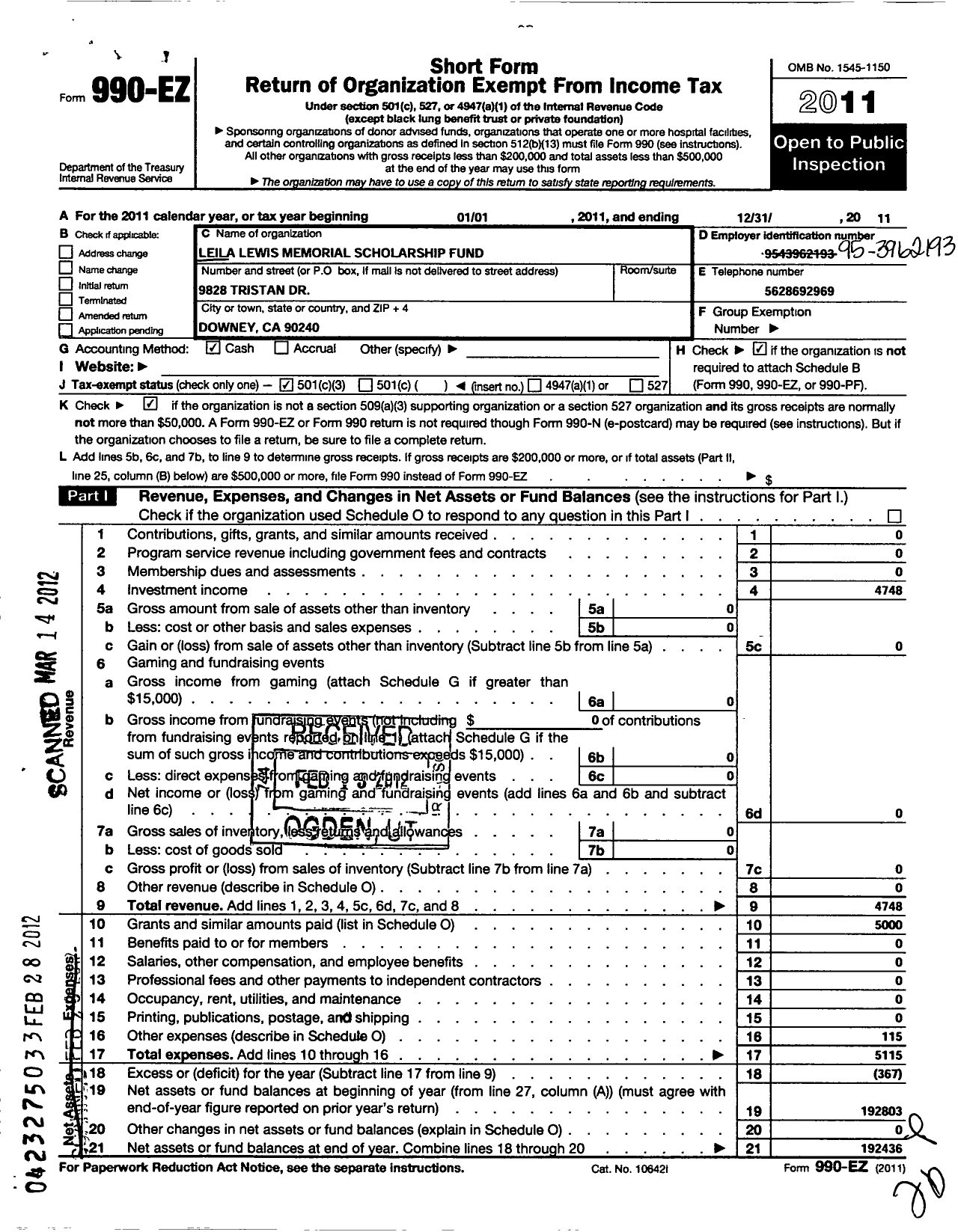 Image of first page of 2011 Form 990EZ for Leila Lewis Memorial Scholarship Fund