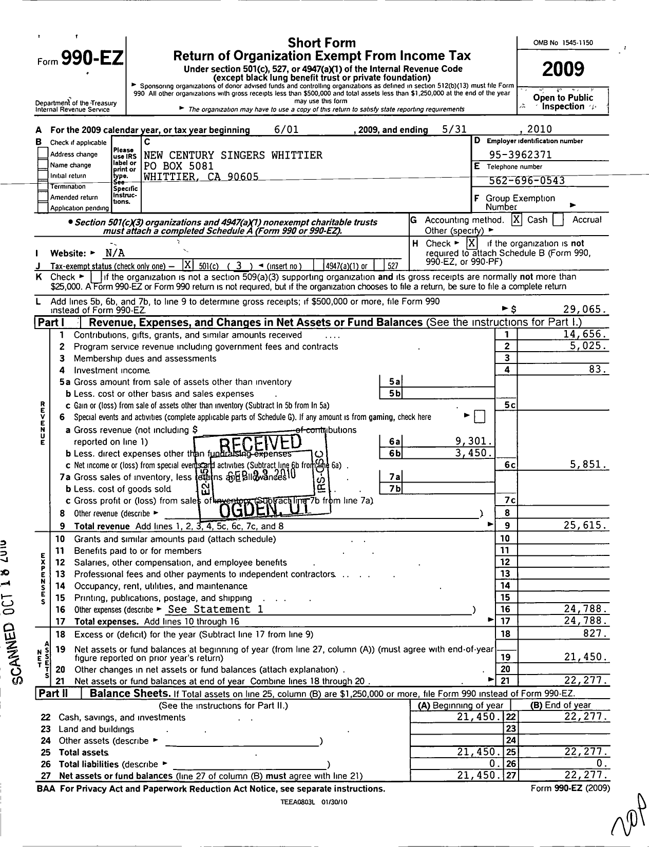 Image of first page of 2009 Form 990EZ for California Womens Chorus / New Century Singers Whittier