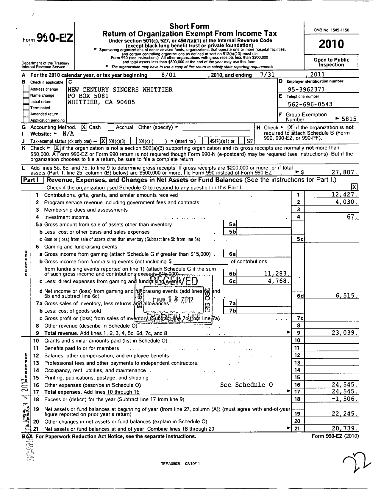 Image of first page of 2010 Form 990EZ for California Womens Chorus / New Century Singers Whittier