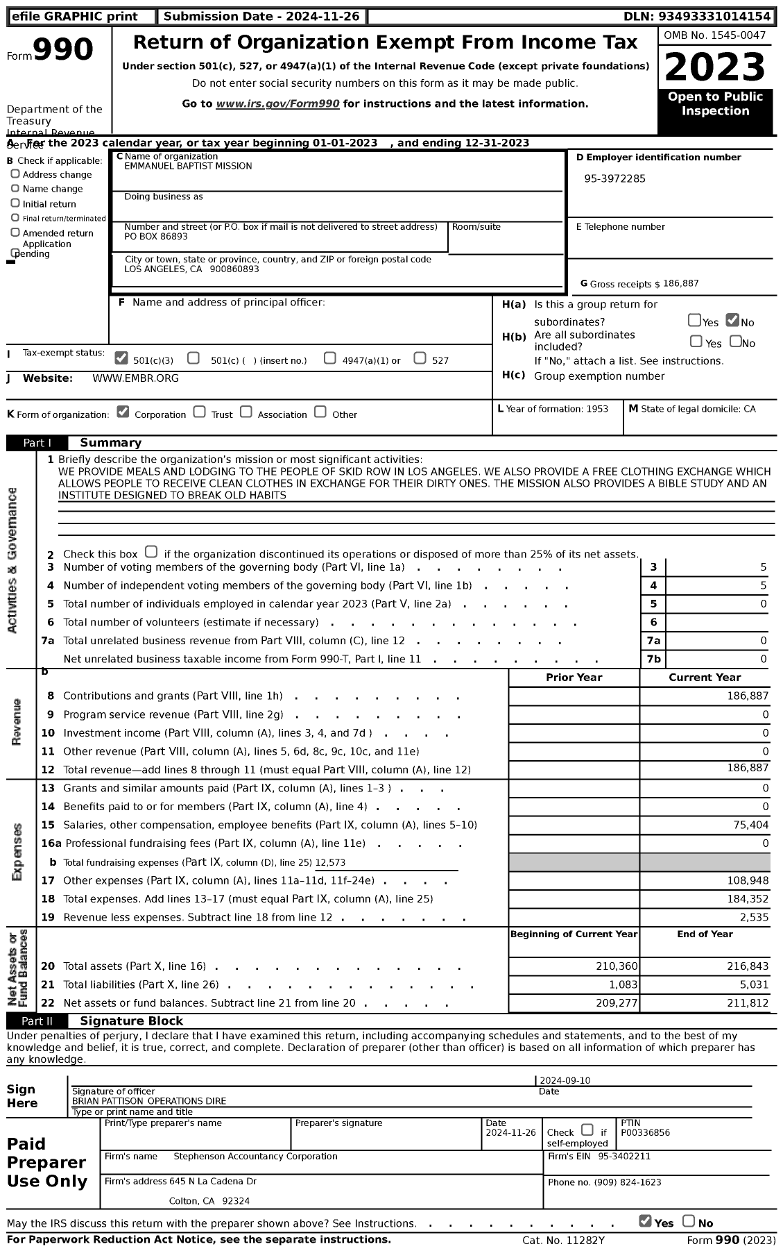 Image of first page of 2023 Form 990 for Emmanuel Baptist Mission