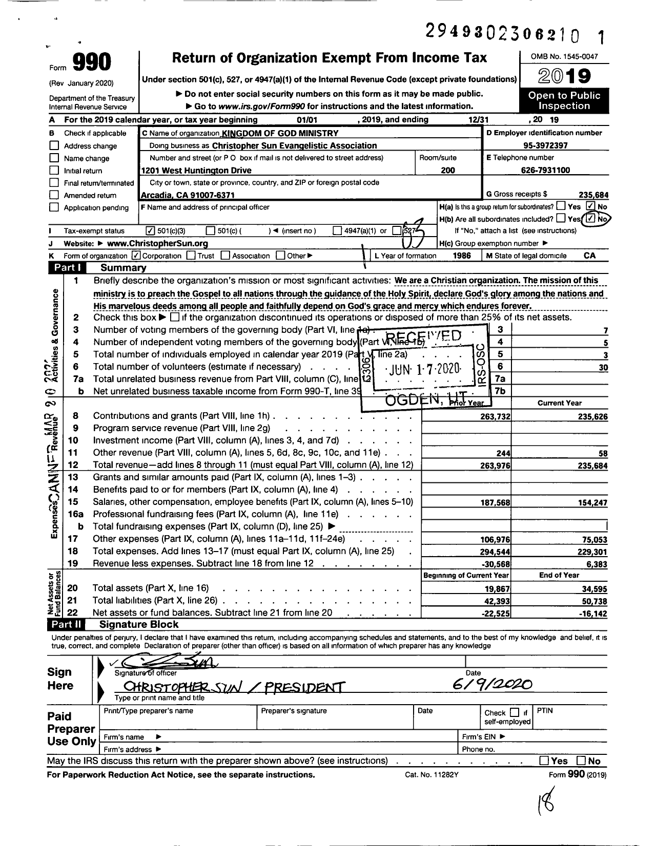 Image of first page of 2019 Form 990 for KINGDOM OF GOD MINISTRY Christopher Sun Evangelistic Association