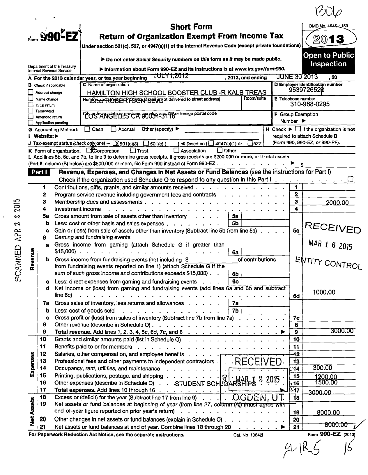 Image of first page of 2012 Form 990EZ for Hamilton High School Booster Club