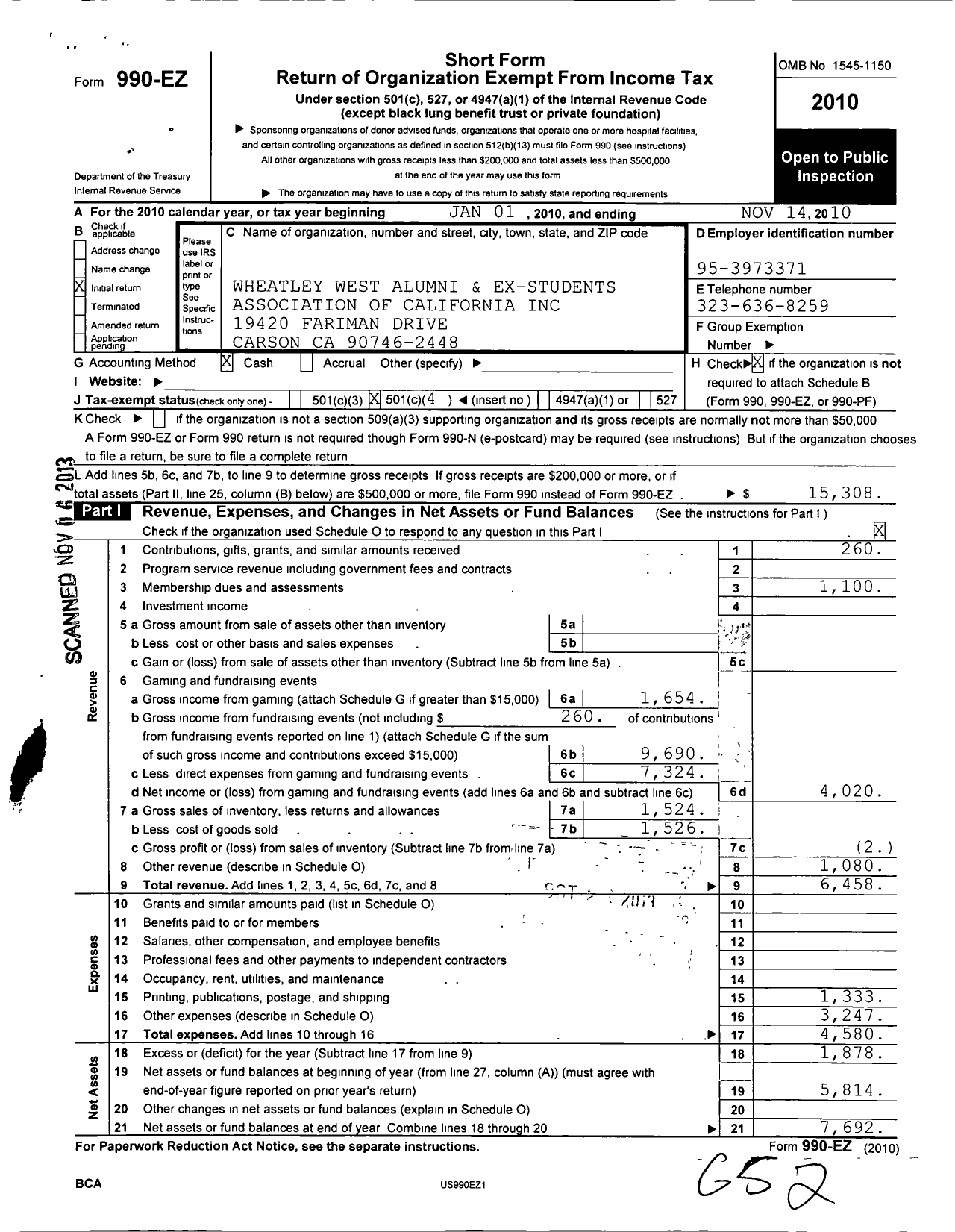 Image of first page of 2009 Form 990EO for Wheatley West Alumni and Ex-Students Association of California