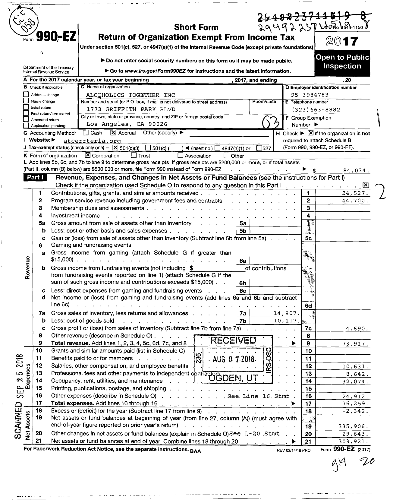 Image of first page of 2017 Form 990EZ for Alcoholics Together