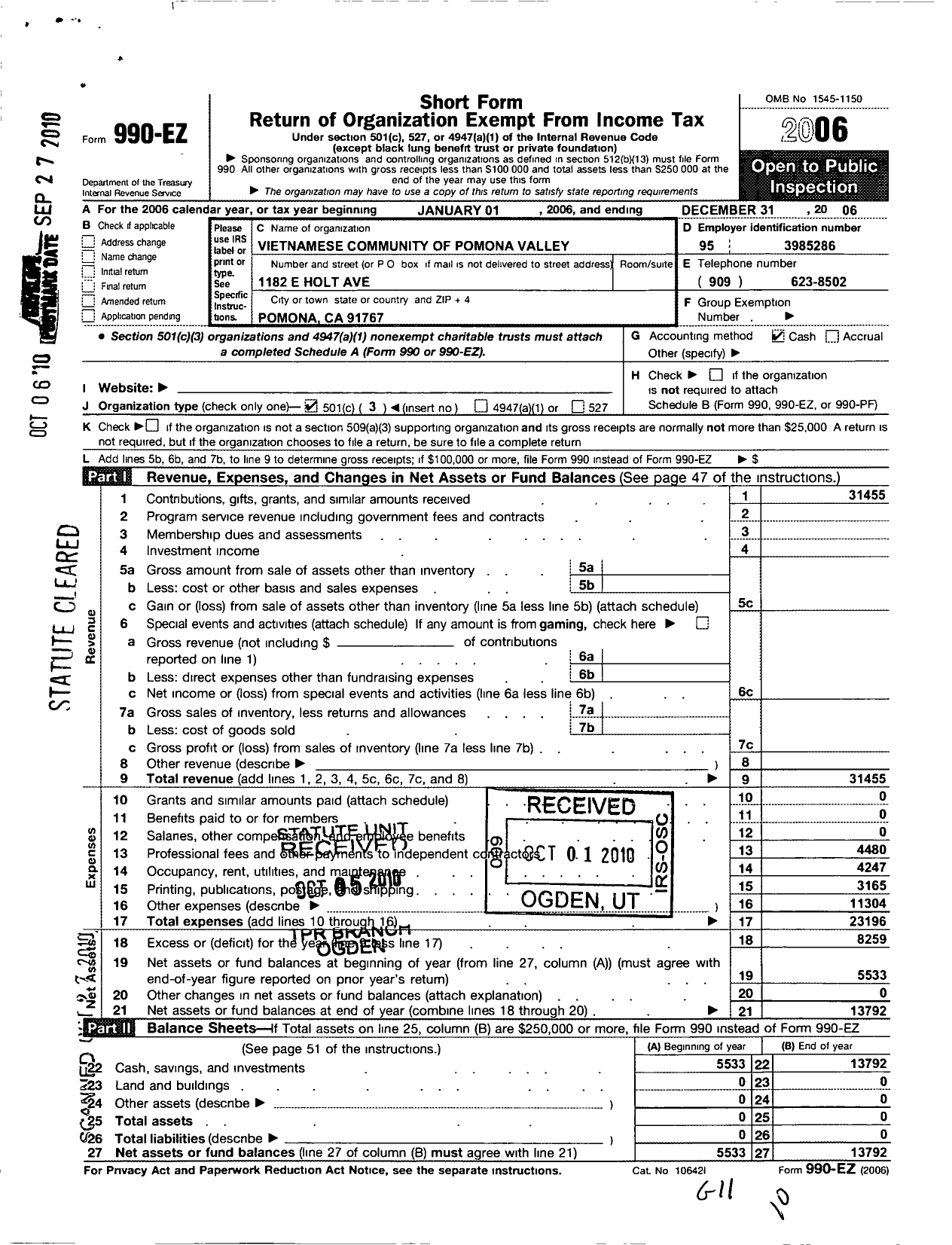 Image of first page of 2006 Form 990EZ for Vietnamese Community of Pomona Valley