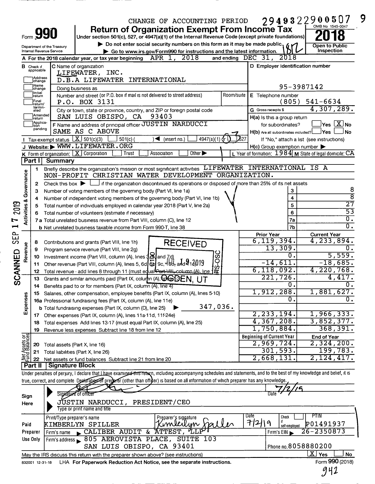 Image of first page of 2018 Form 990 for Lifewater International