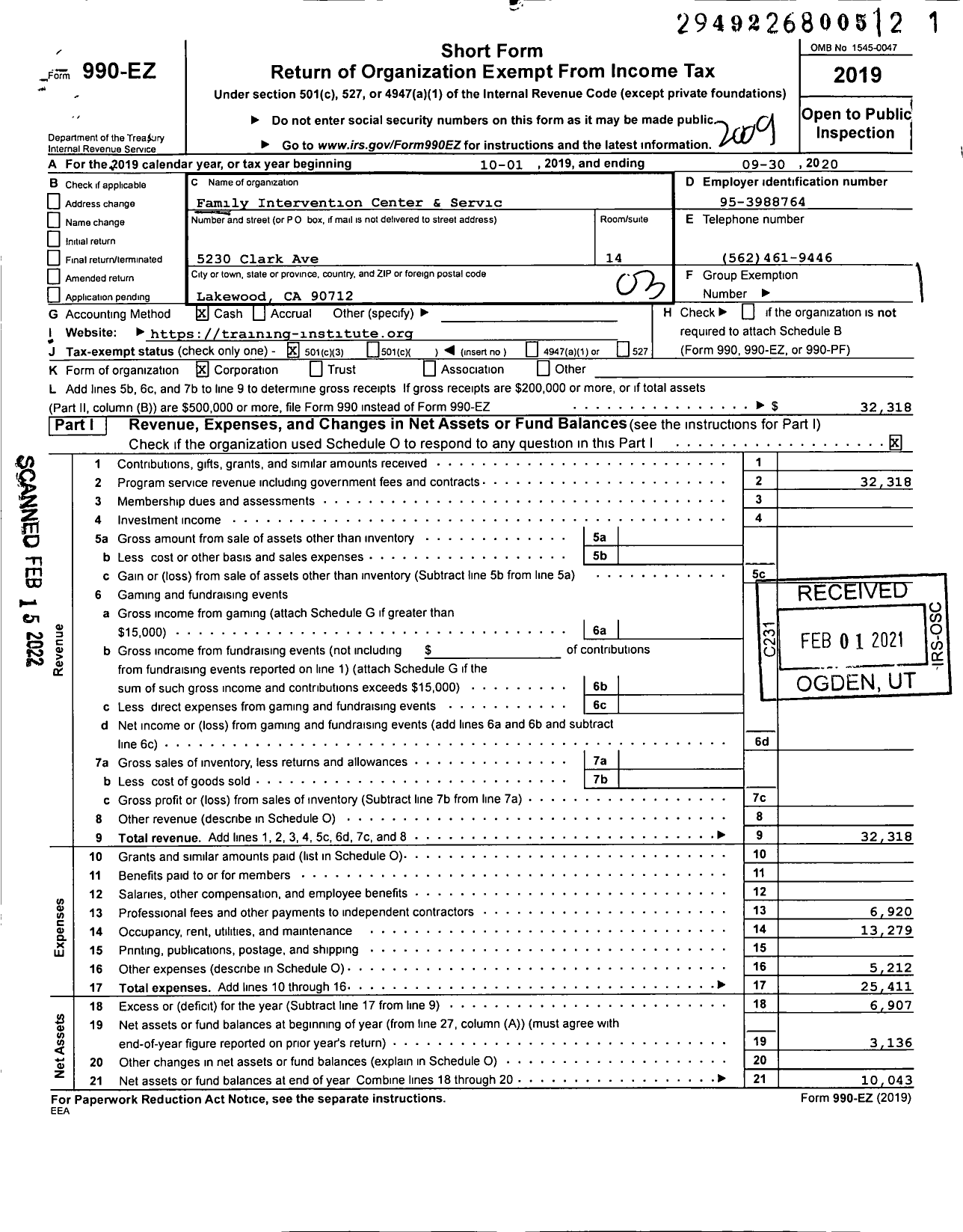 Image of first page of 2019 Form 990EZ for Family Intervention Center and Services