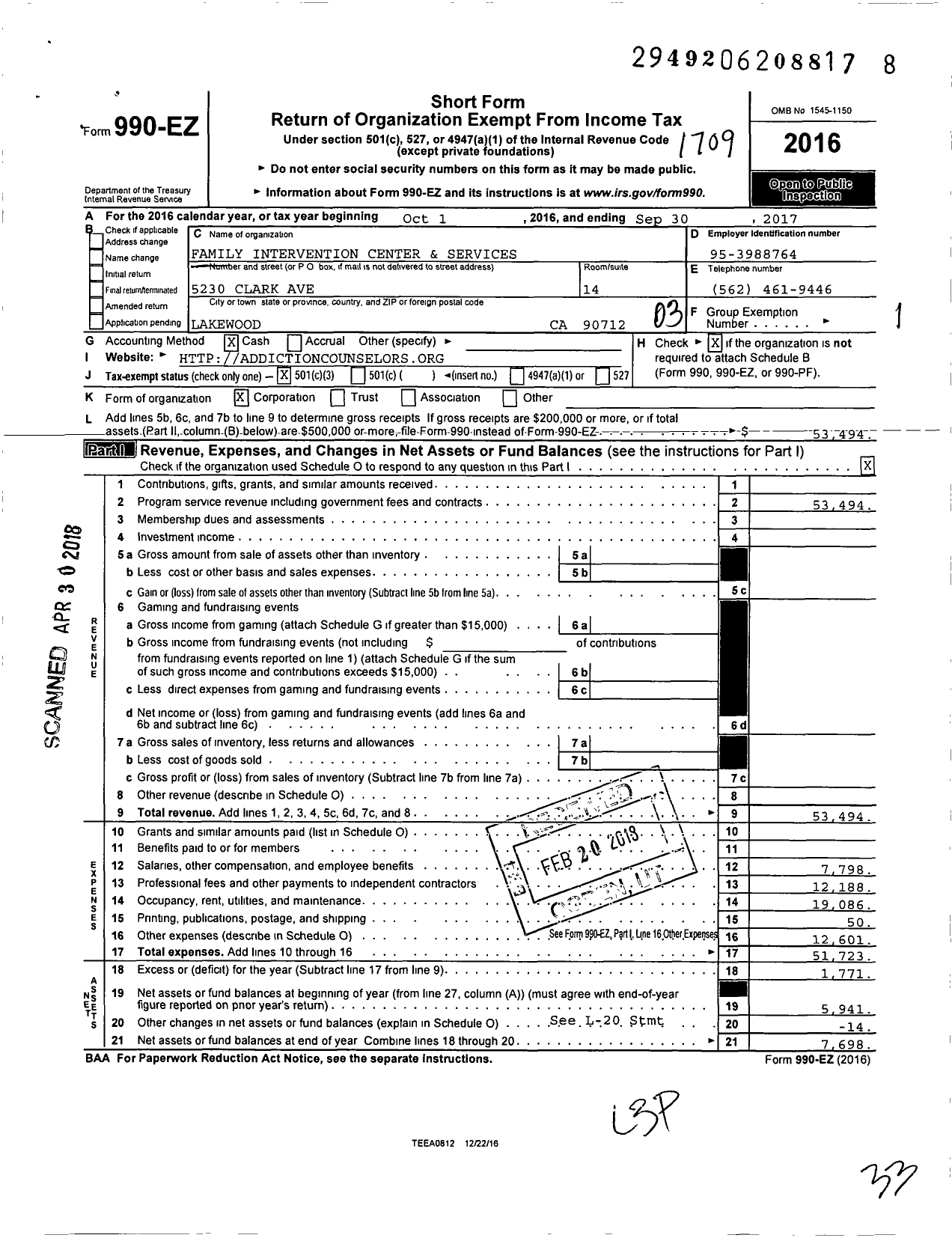 Image of first page of 2016 Form 990EZ for Family Intervention Center and Services