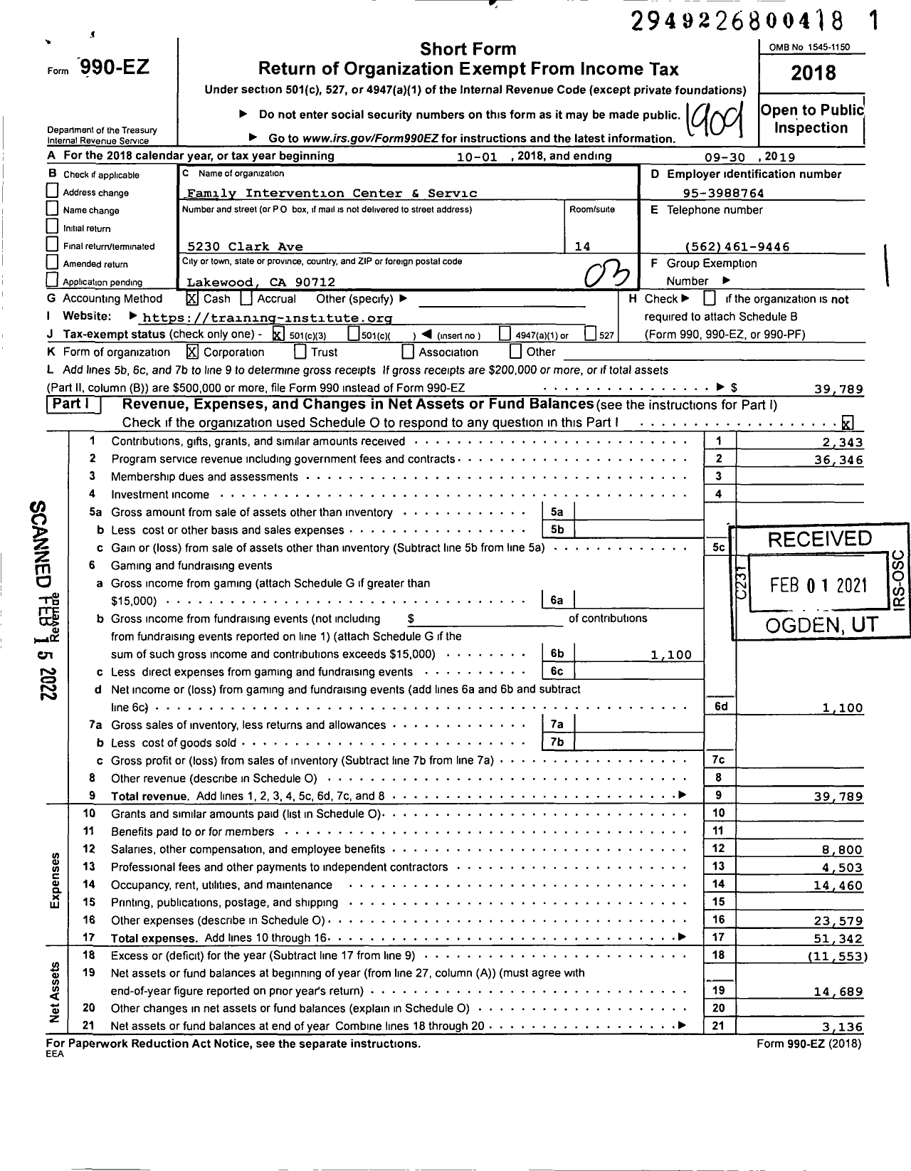 Image of first page of 2018 Form 990EZ for Family Intervention Center and Services