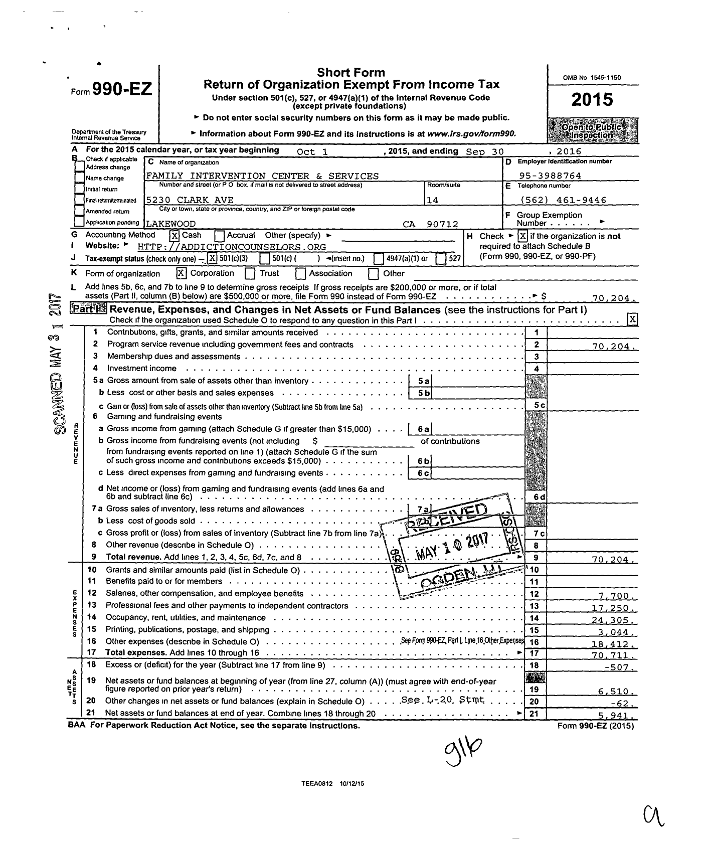 Image of first page of 2015 Form 990EZ for Family Intervention Center and Services