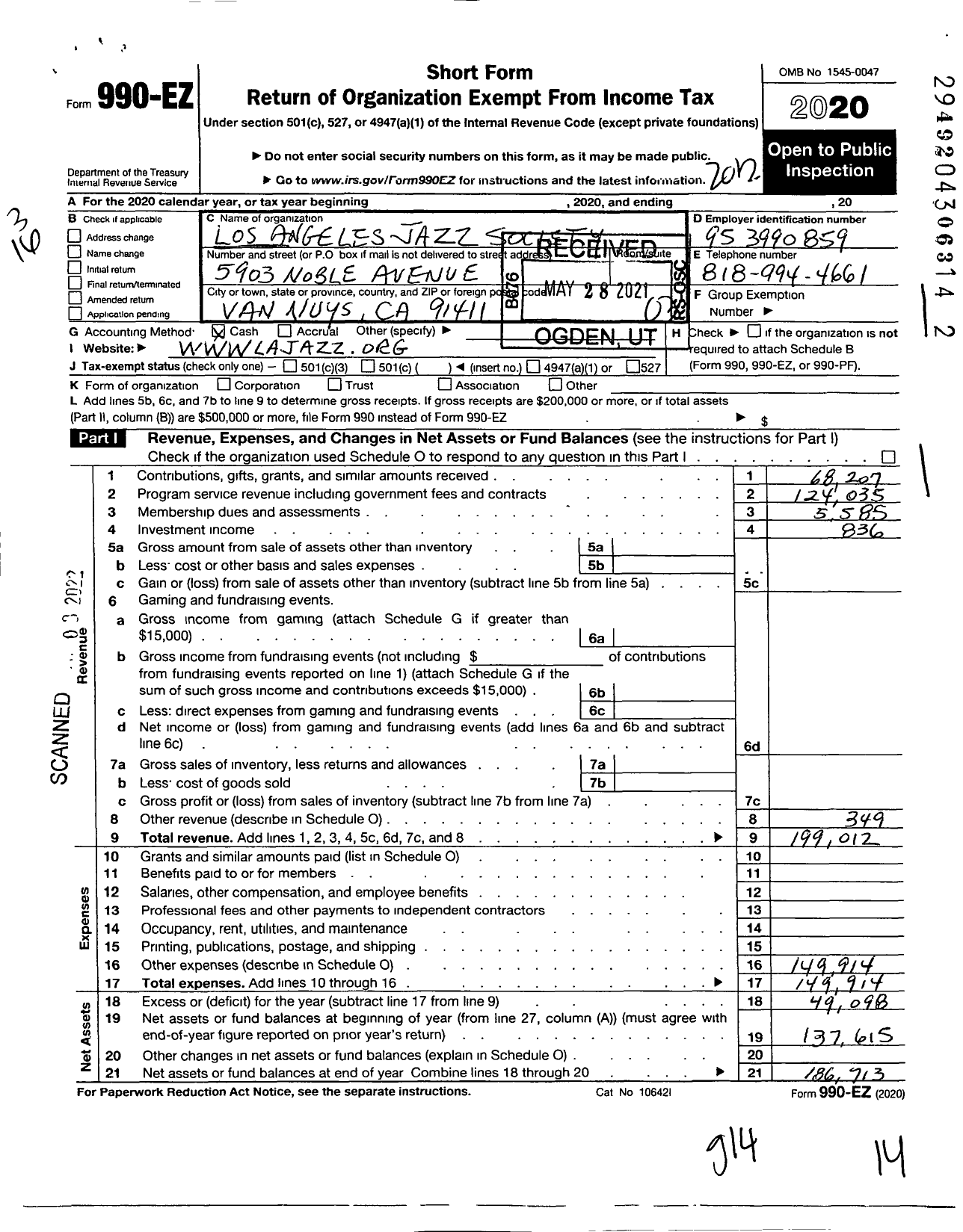 Image of first page of 2020 Form 990EZ for Los Angeles Jazz Society