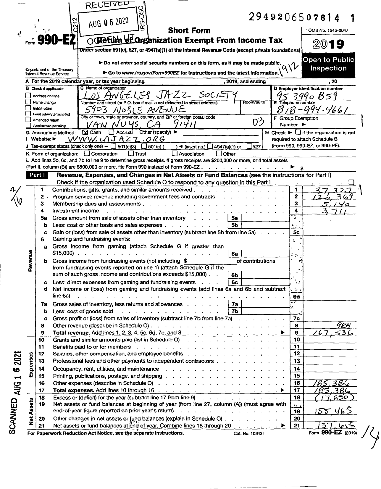 Image of first page of 2019 Form 990EZ for Los Angeles Jazz Society