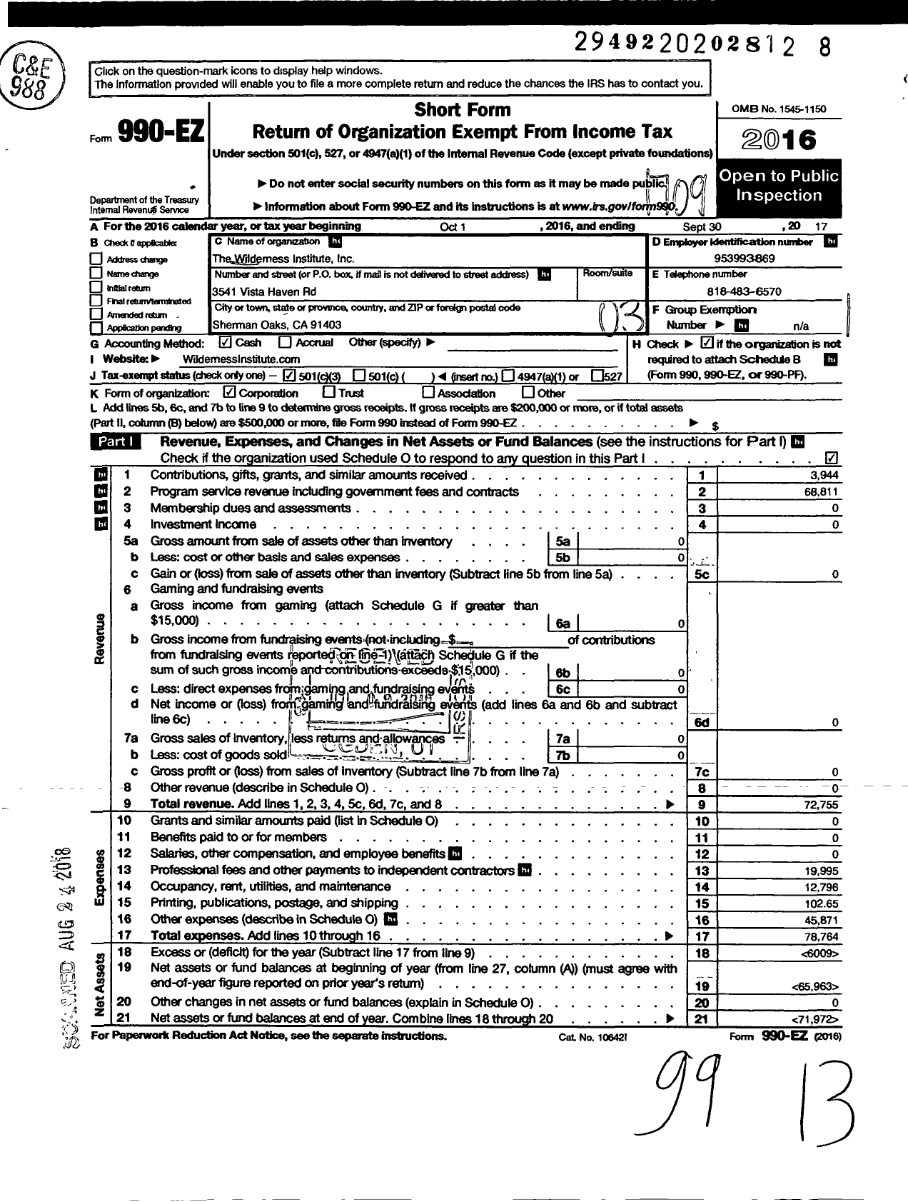 Image of first page of 2016 Form 990EZ for The WILDERNESS INSTITUTE