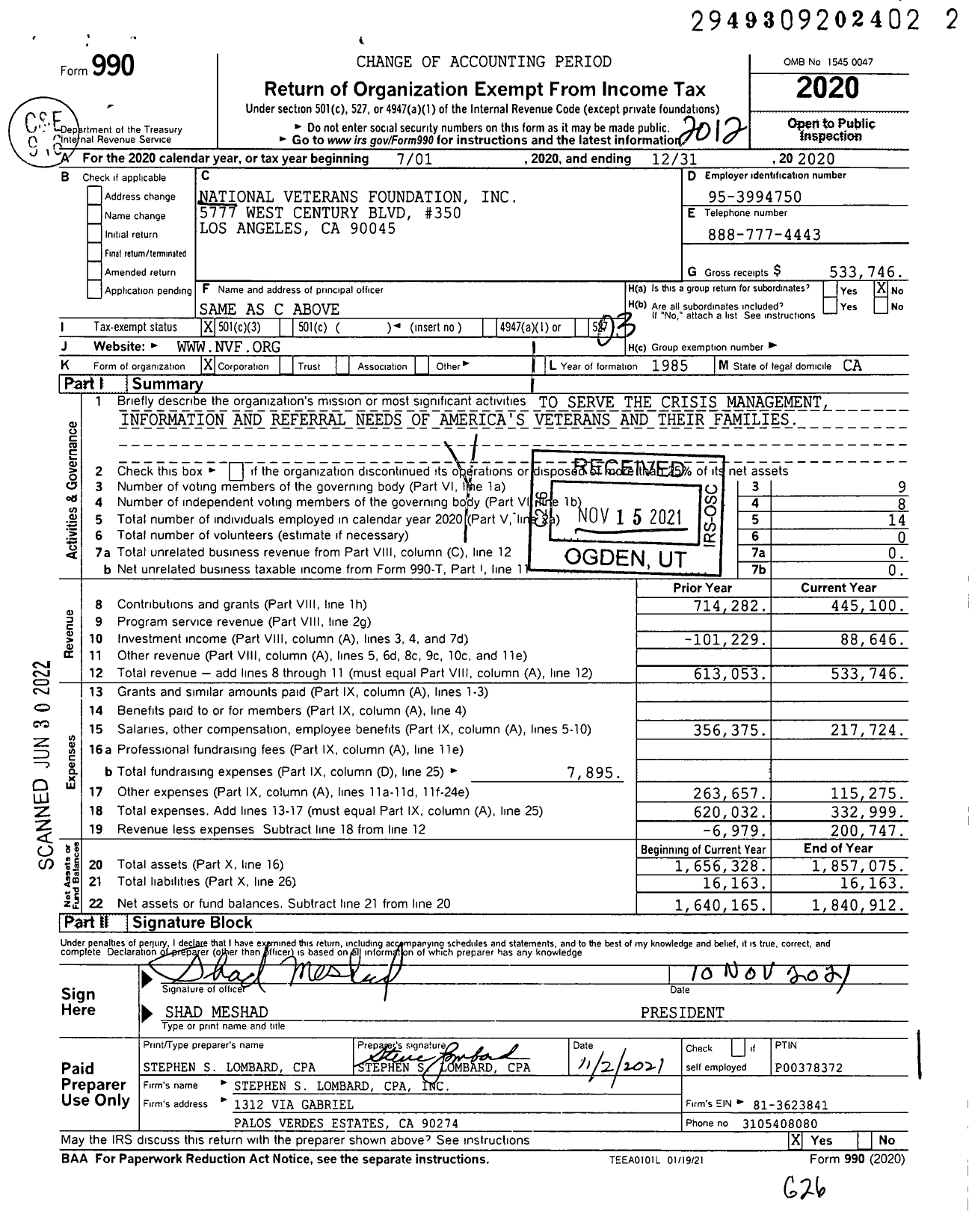 Image of first page of 2020 Form 990 for National Veterans Foundation