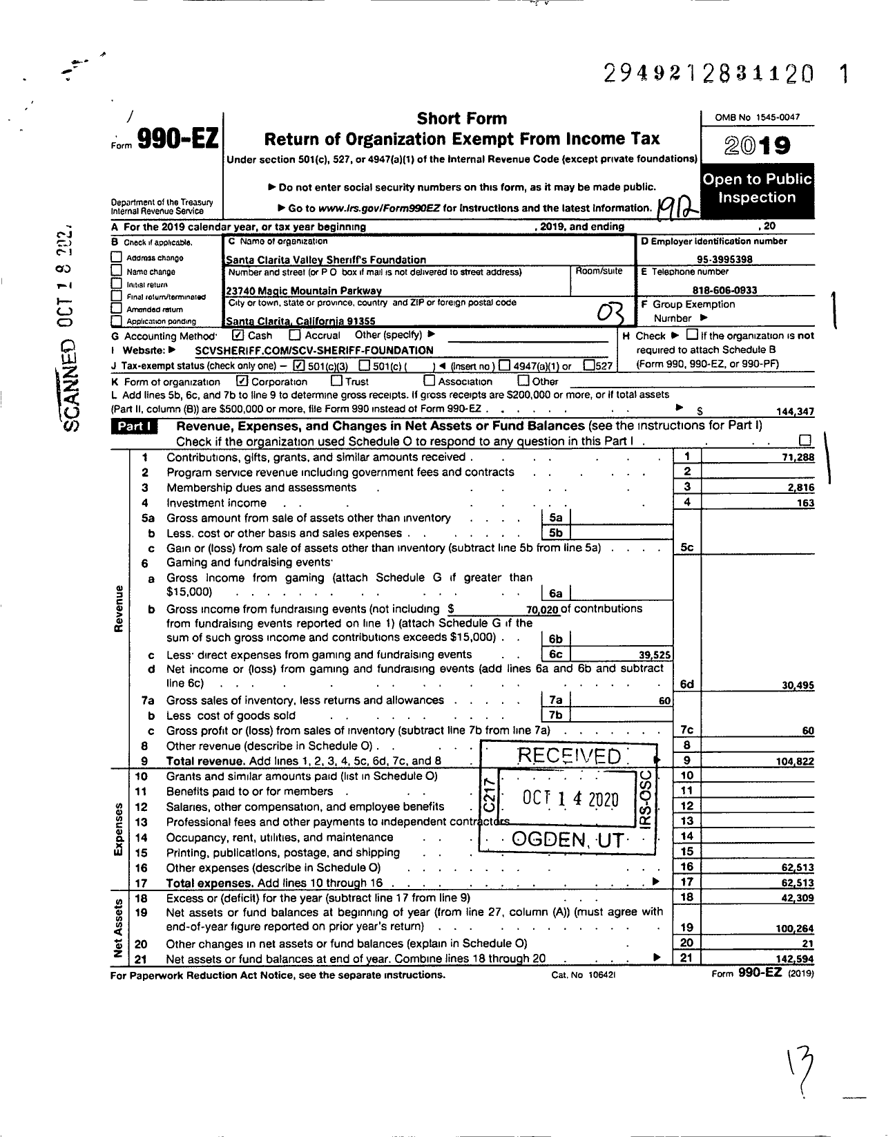 Image of first page of 2019 Form 990EZ for Santa Clarita Valley Sheriffs Foundation