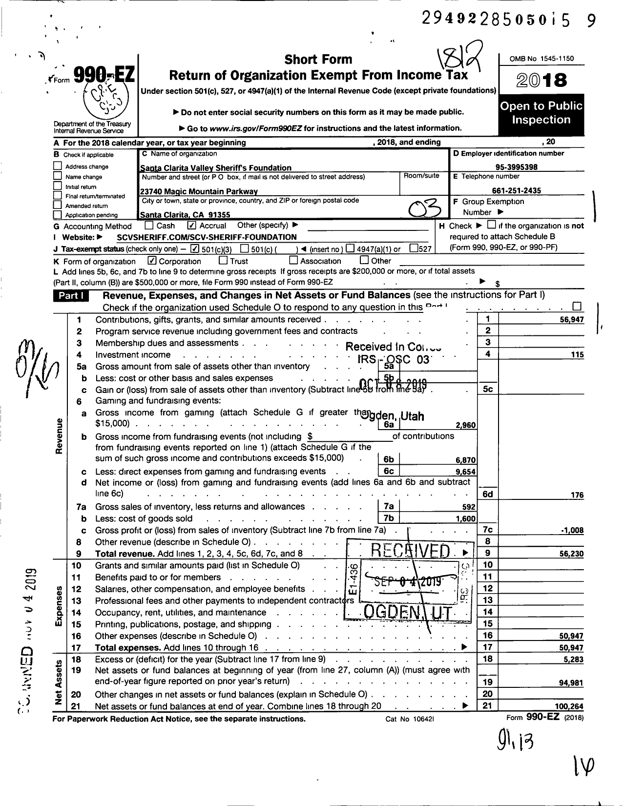 Image of first page of 2018 Form 990EZ for Santa Clarita Valley Sheriffs Foundation