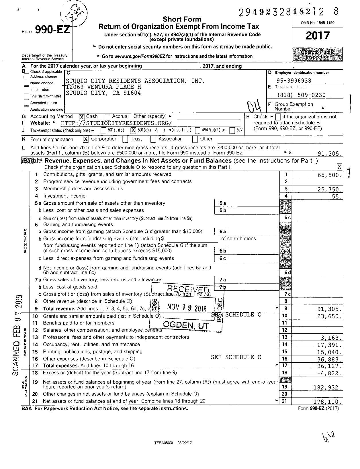 Image of first page of 2017 Form 990EO for Studio City Residents Association