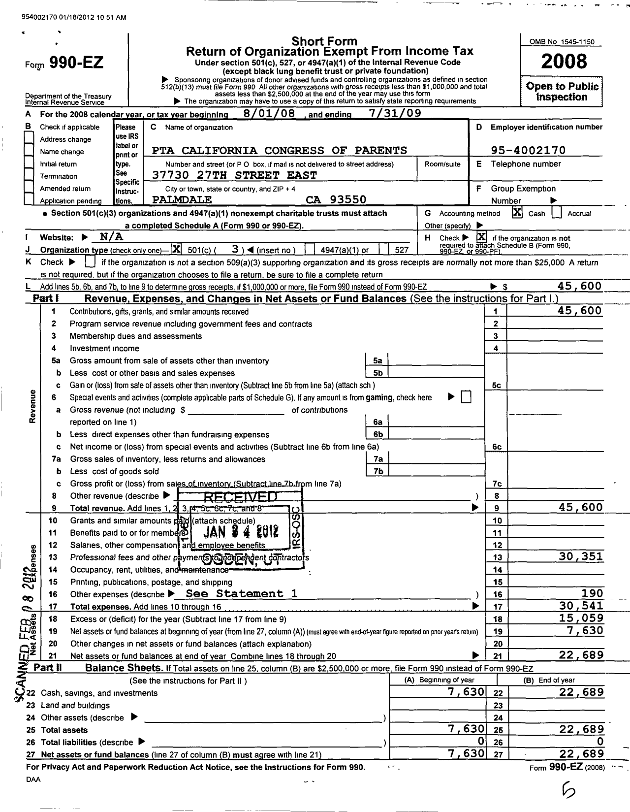 Image of first page of 2008 Form 990EZ for California State PTA - Desert Rose Elementary PTA