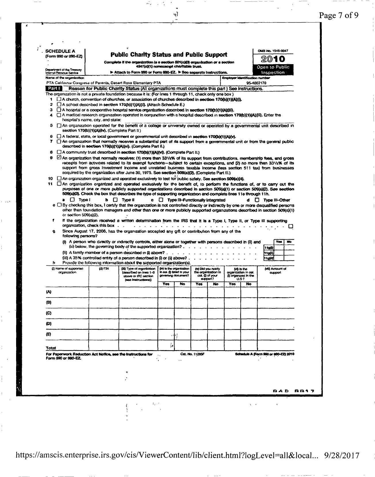 Image of first page of 2009 Form 990ER for California State PTA - Desert Rose Elementary PTA