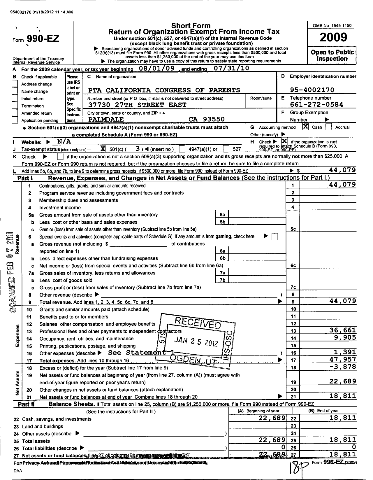 Image of first page of 2009 Form 990EZ for California State PTA - Desert Rose Elementary PTA