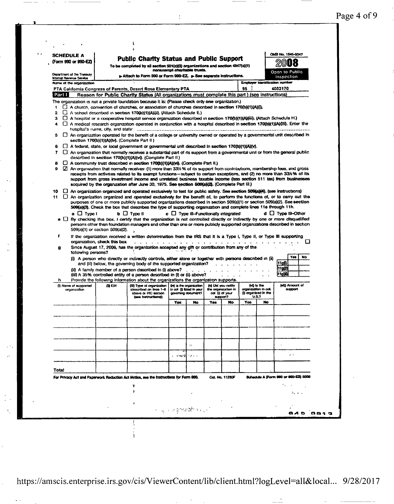 Image of first page of 2007 Form 990ER for California State PTA - Desert Rose Elementary PTA
