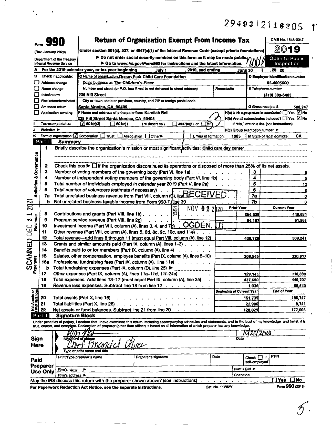Image of first page of 2019 Form 990 for The Children's Place / Ocean Park Child Care Foundation