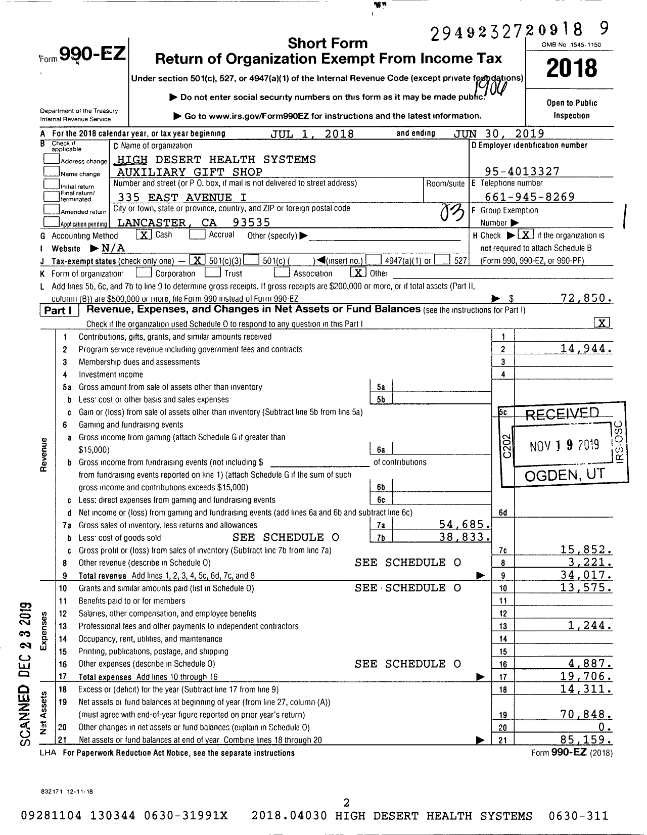 Image of first page of 2018 Form 990EZ for High Desert Health Systems Auxiliary Gift Shop