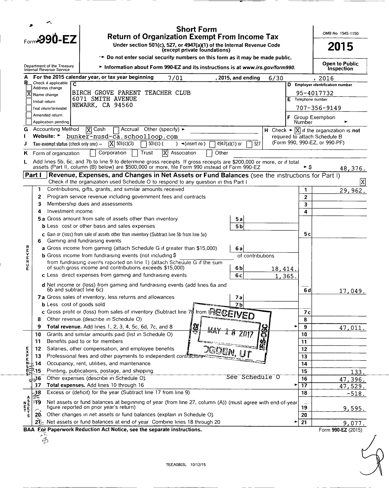 Image of first page of 2015 Form 990EZ for Bunker School Parent Teacher Club