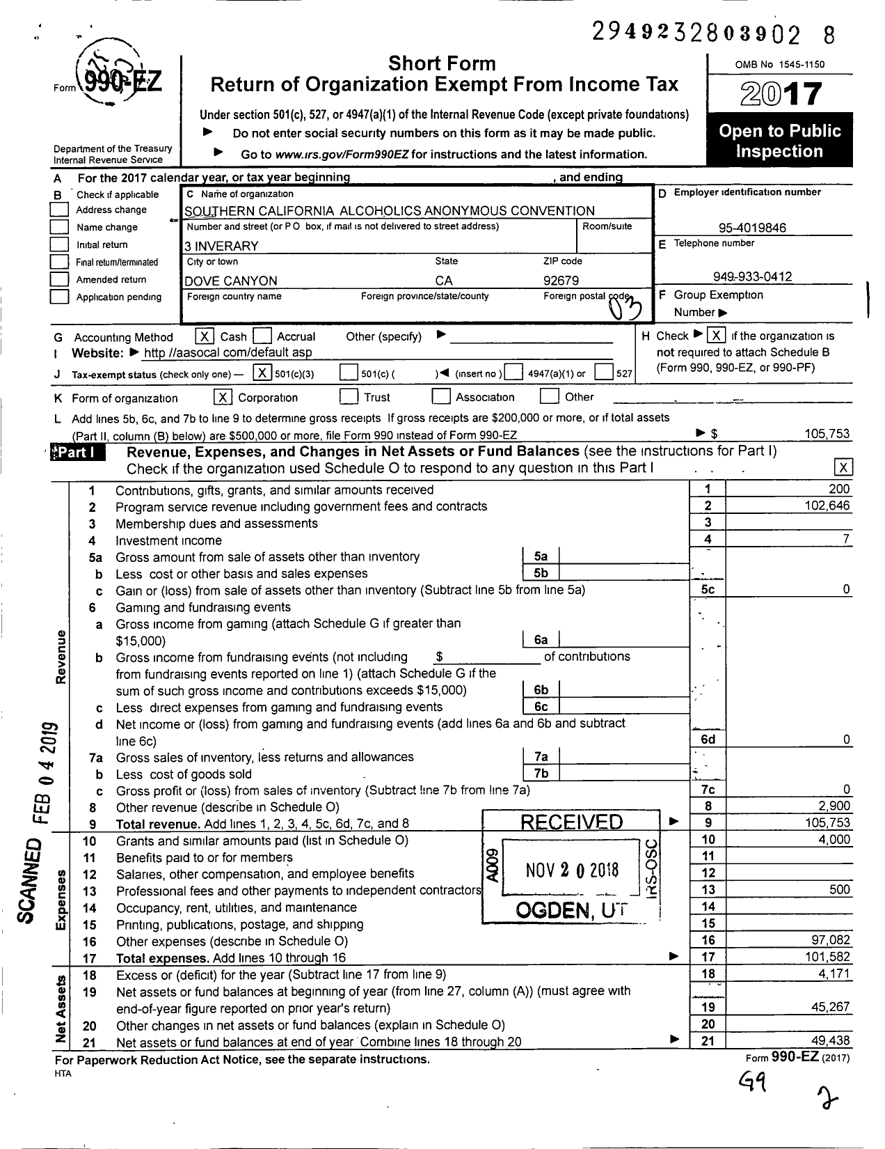 Image of first page of 2017 Form 990EZ for Southern California Aa Convention