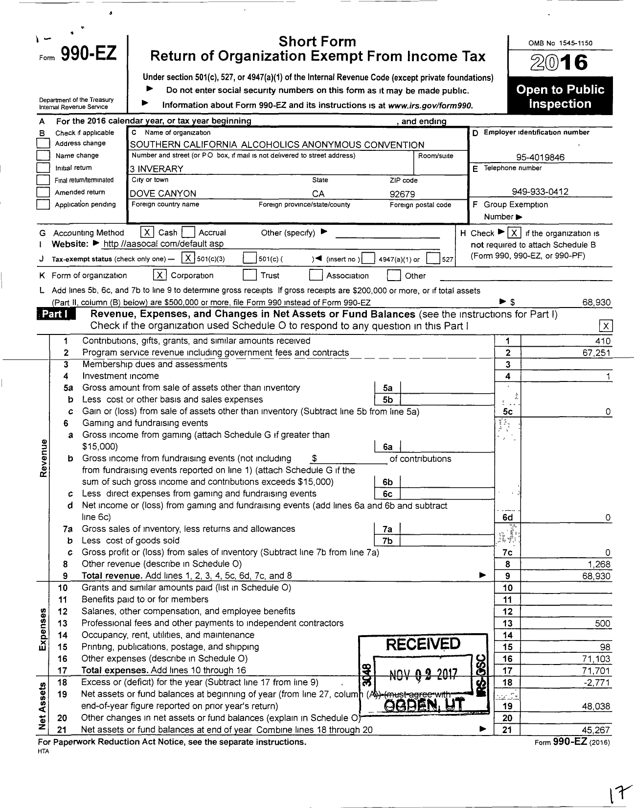 Image of first page of 2016 Form 990EZ for Southern California Aa Convention