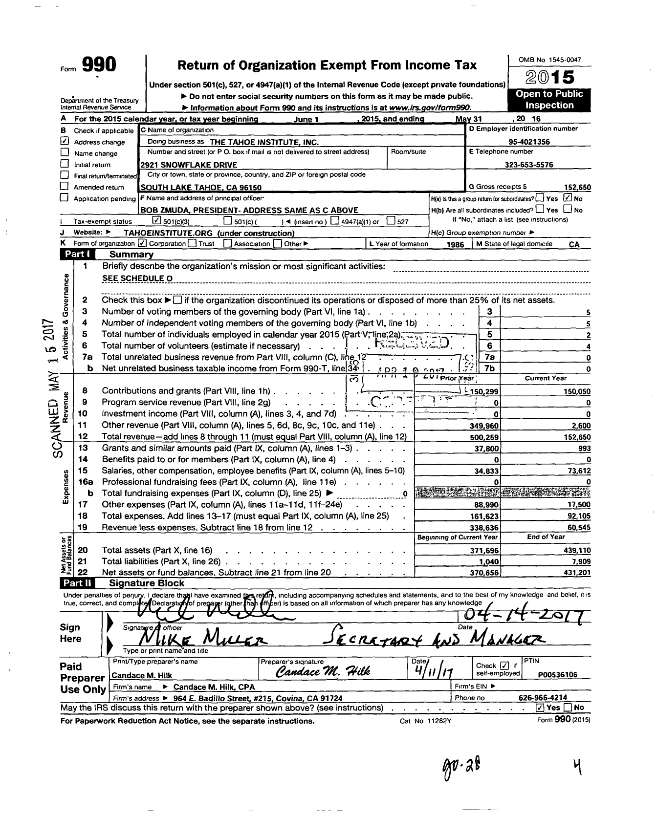 Image of first page of 2015 Form 990 for The Tahoe Institute