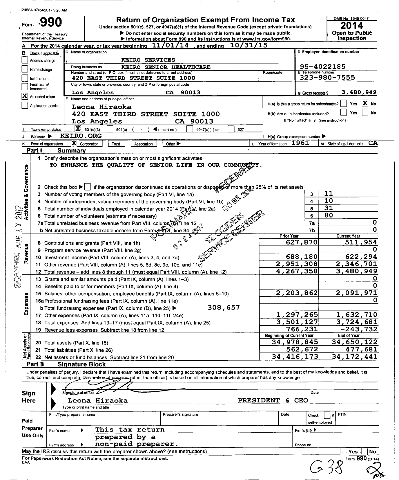 Image of first page of 2014 Form 990 for Keiro Senior Healthcare