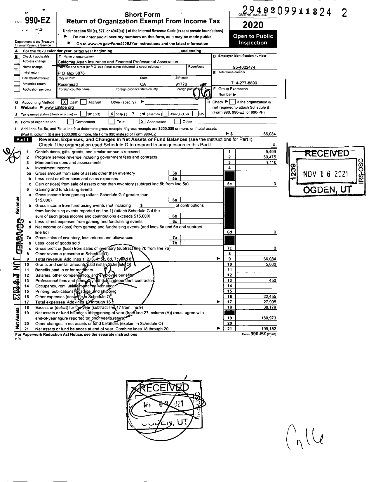 Image of first page of 2020 Form 990EO for California Asian Insurance and Financial Professional Association