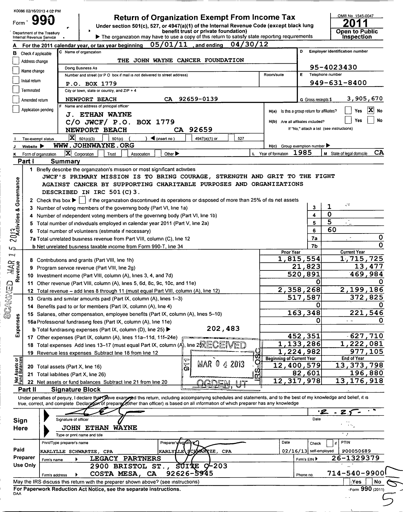 Image of first page of 2011 Form 990 for John Wayne Cancer Foundation