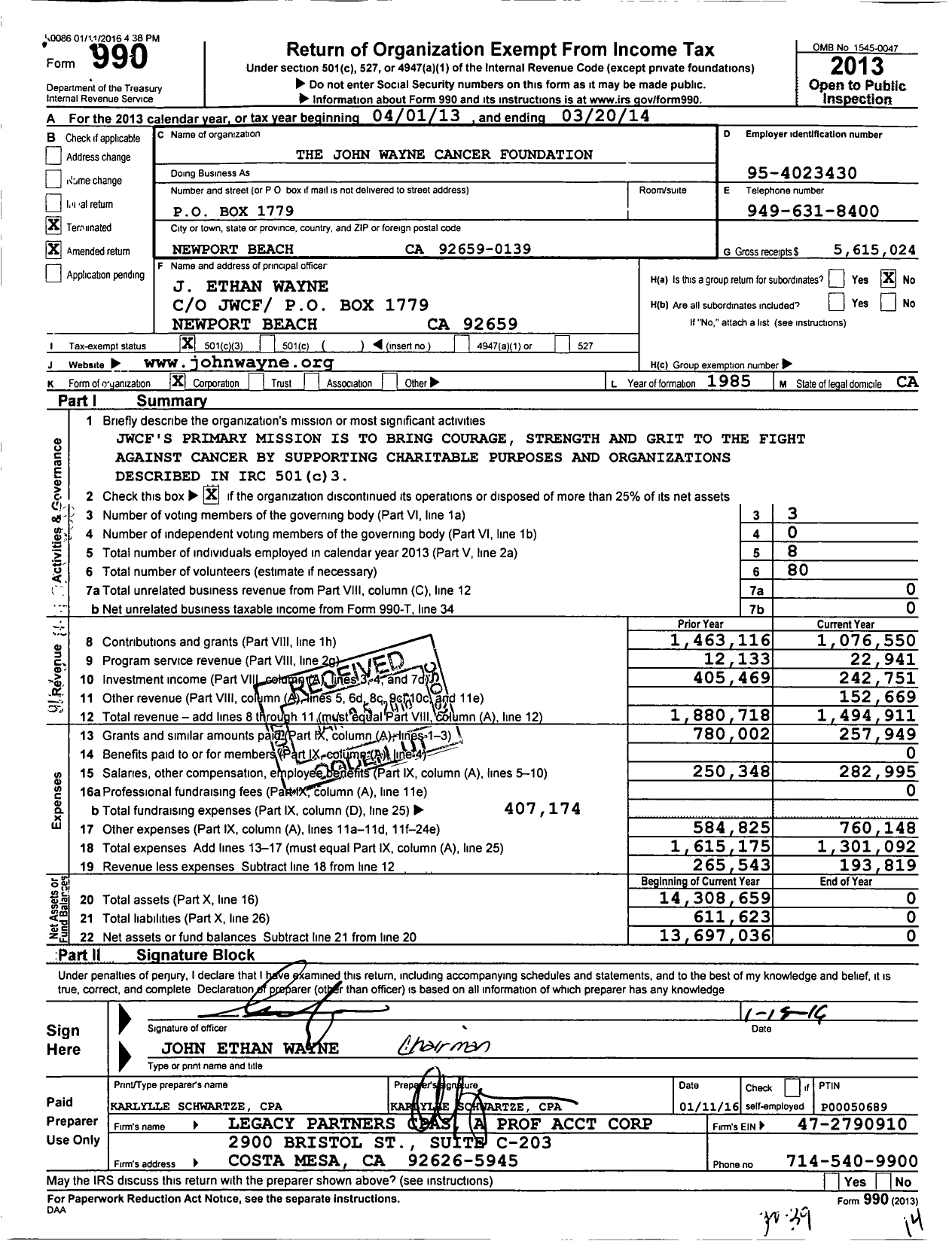 Image of first page of 2013 Form 990 for John Wayne Cancer Foundation