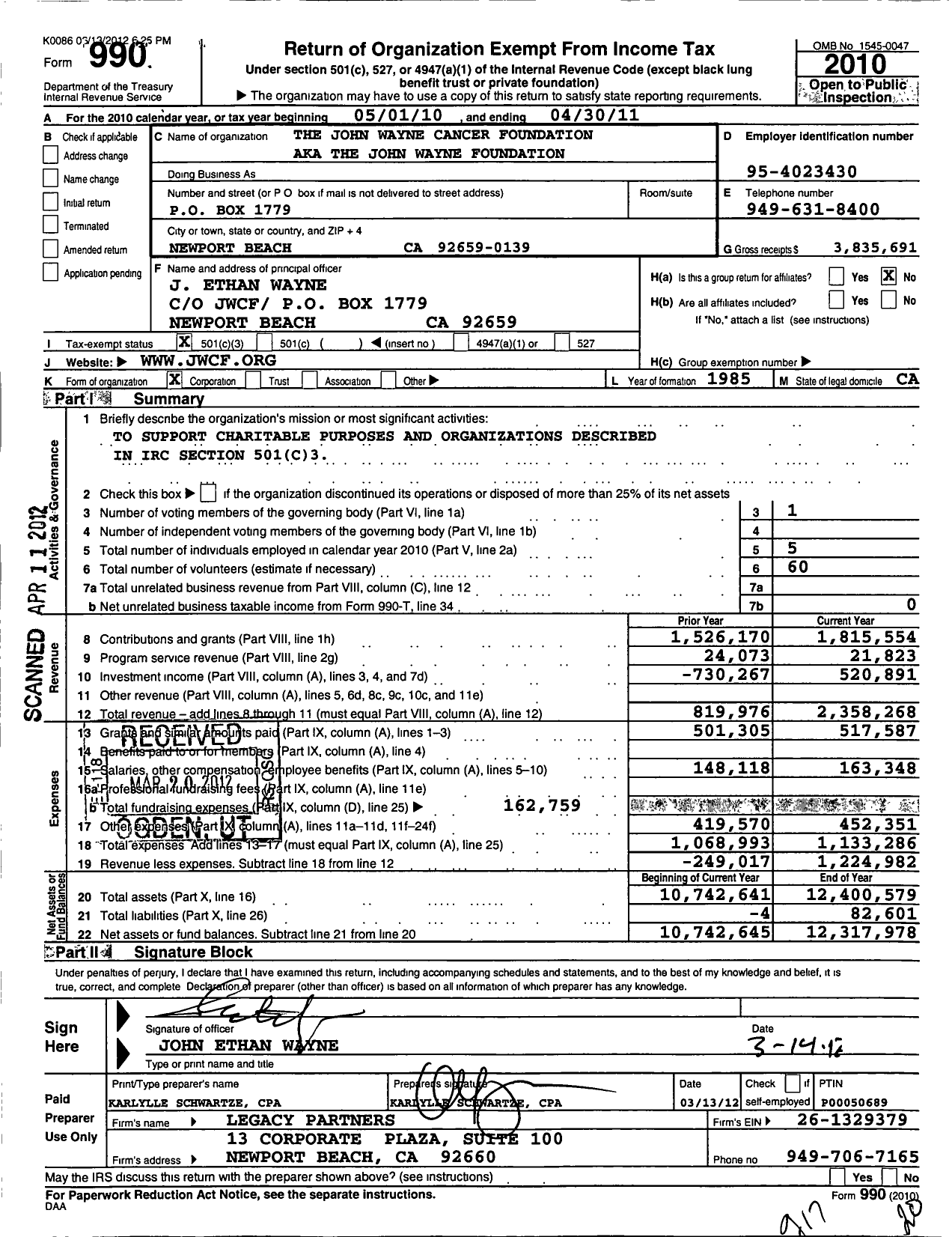 Image of first page of 2010 Form 990 for John Wayne Cancer Foundation