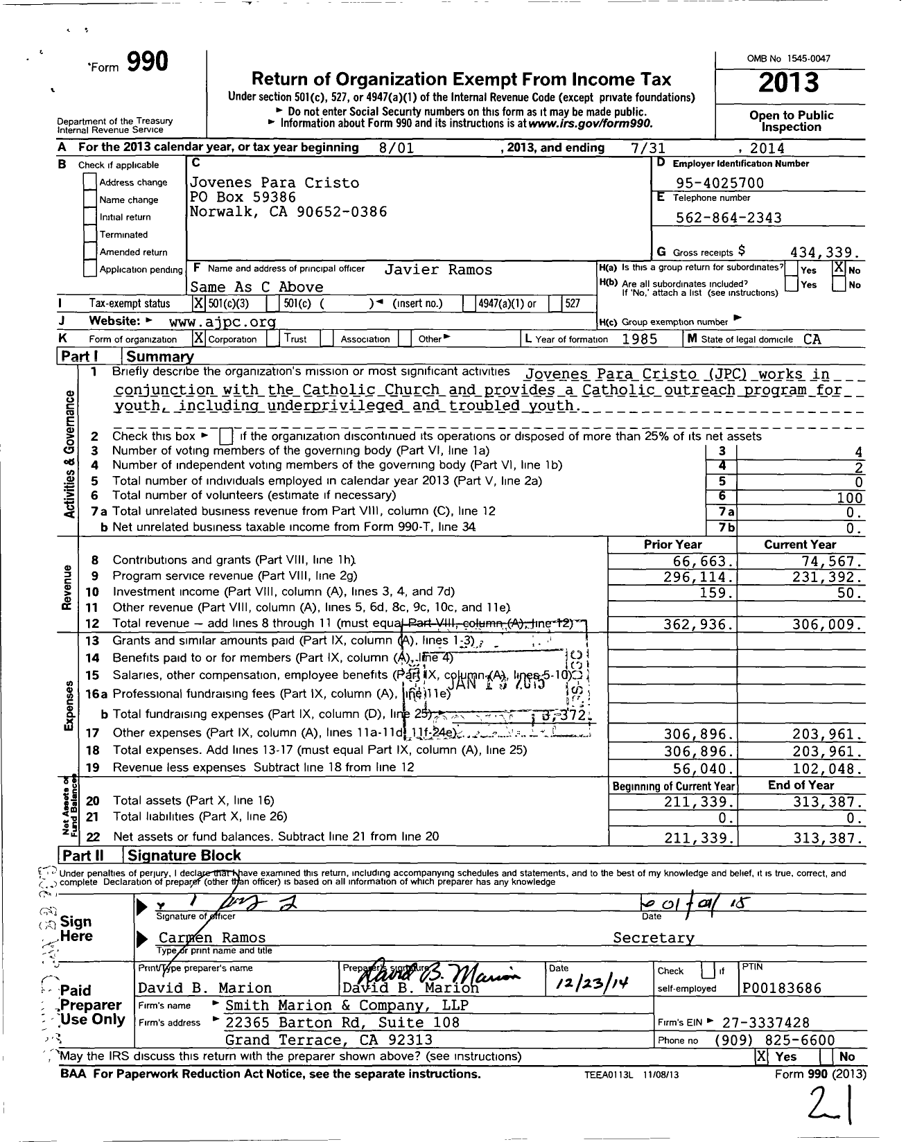 Image of first page of 2013 Form 990 for Jovenes Para Cristo