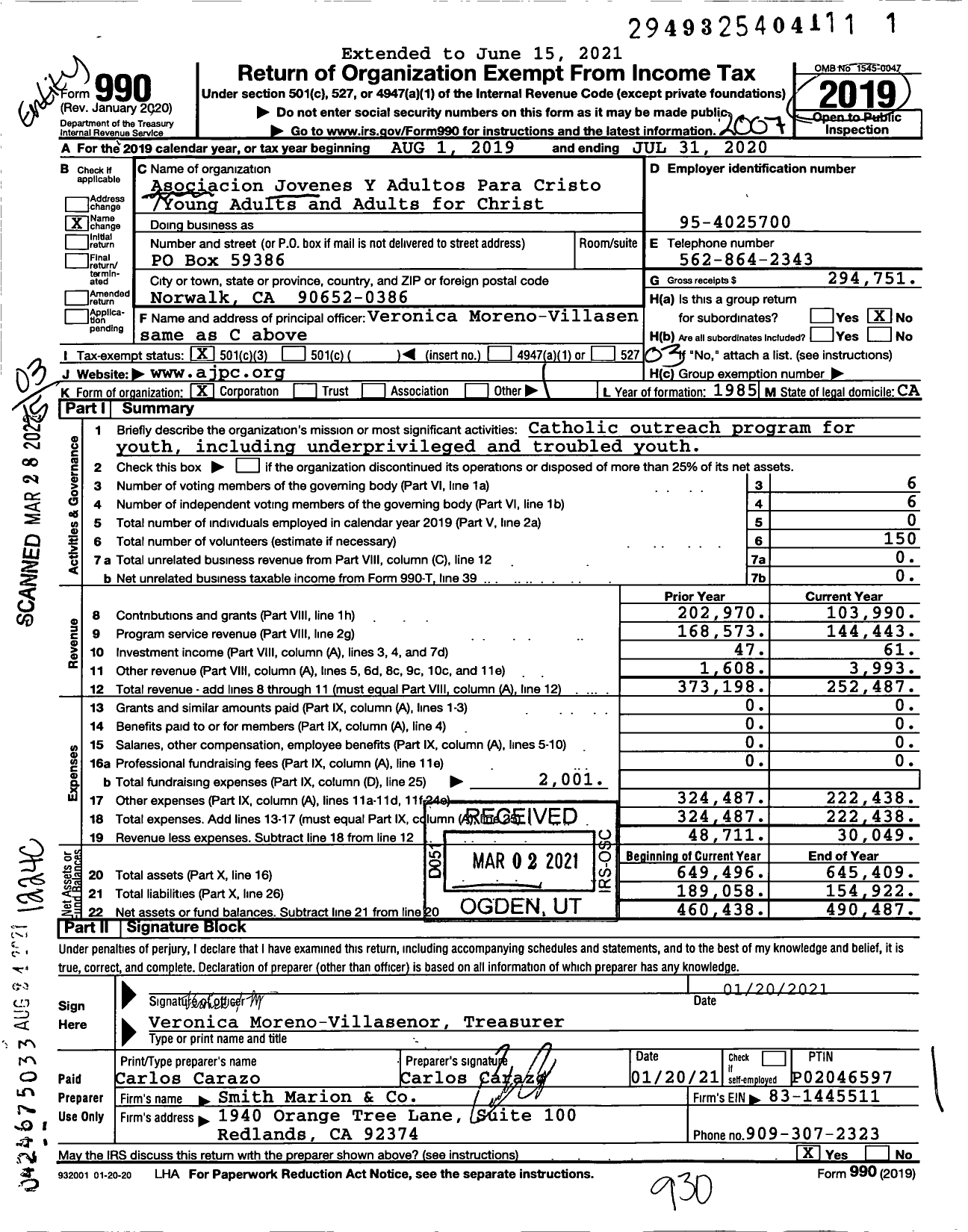 Image of first page of 2019 Form 990 for Jovenes Para Cristo