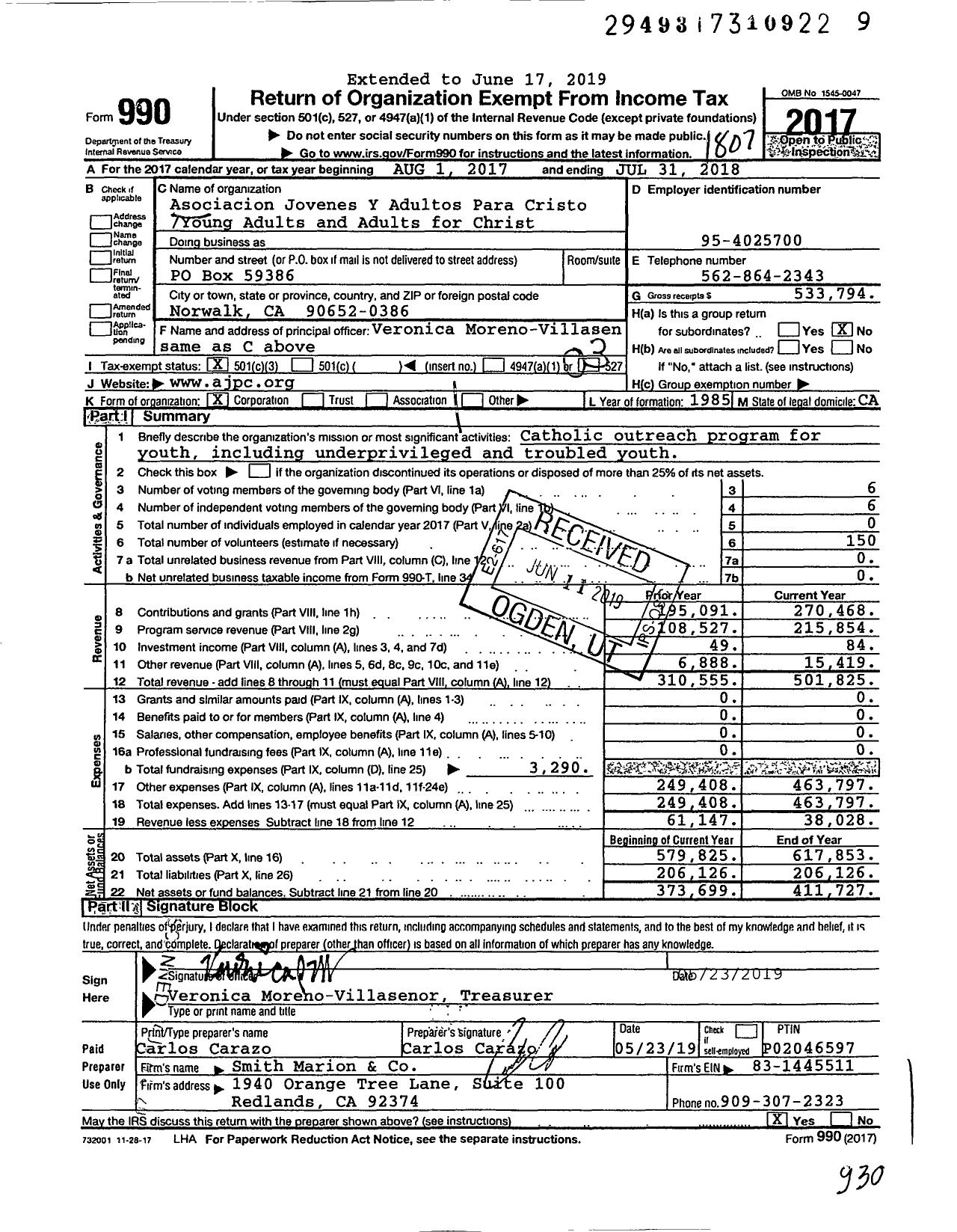 Image of first page of 2017 Form 990 for Jovenes Para Cristo