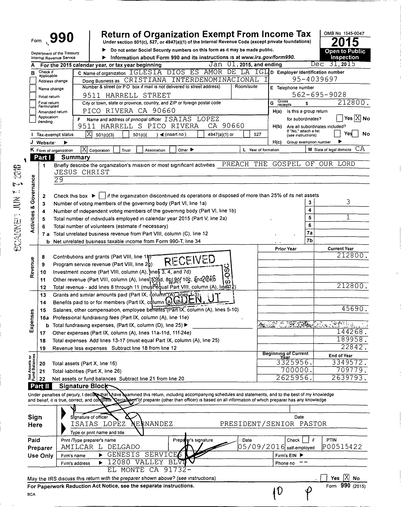 Image of first page of 2015 Form 990 for Iglesia Dios Es Amor de La Igl Cristiana Interdenominacional