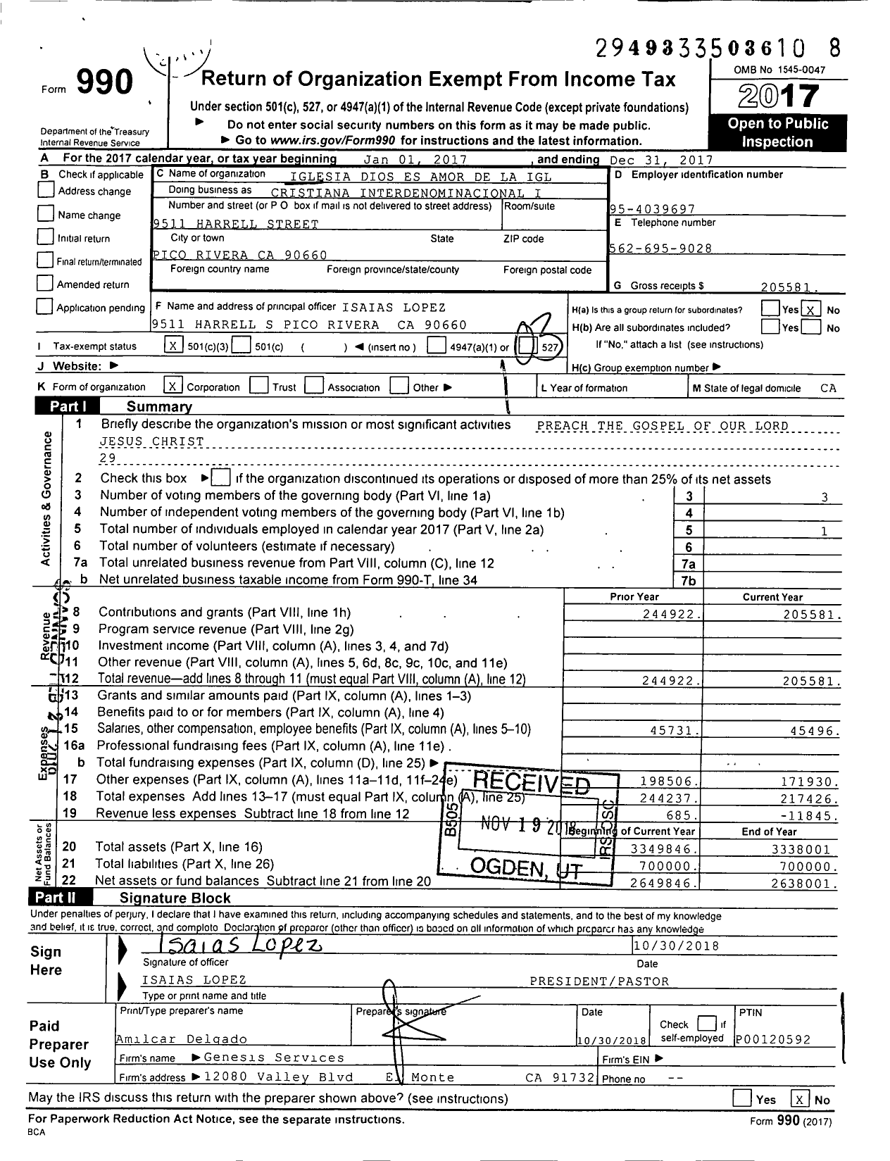 Image of first page of 2017 Form 990 for Iglesia Dios Es Amor de La Igl Cristiana Interdenominacional