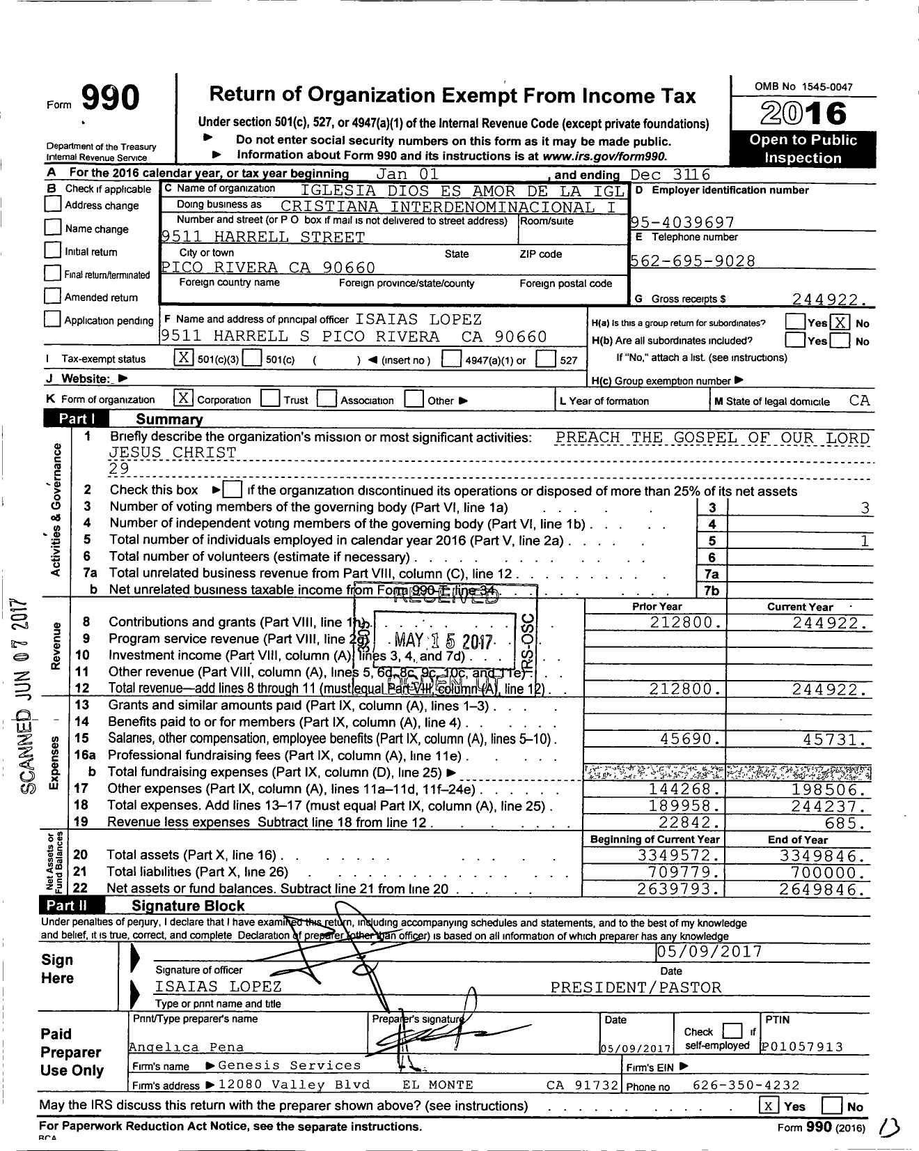 Image of first page of 2016 Form 990 for Iglesia Dios Es Amor de La Igl Cristiana Interdenominacional