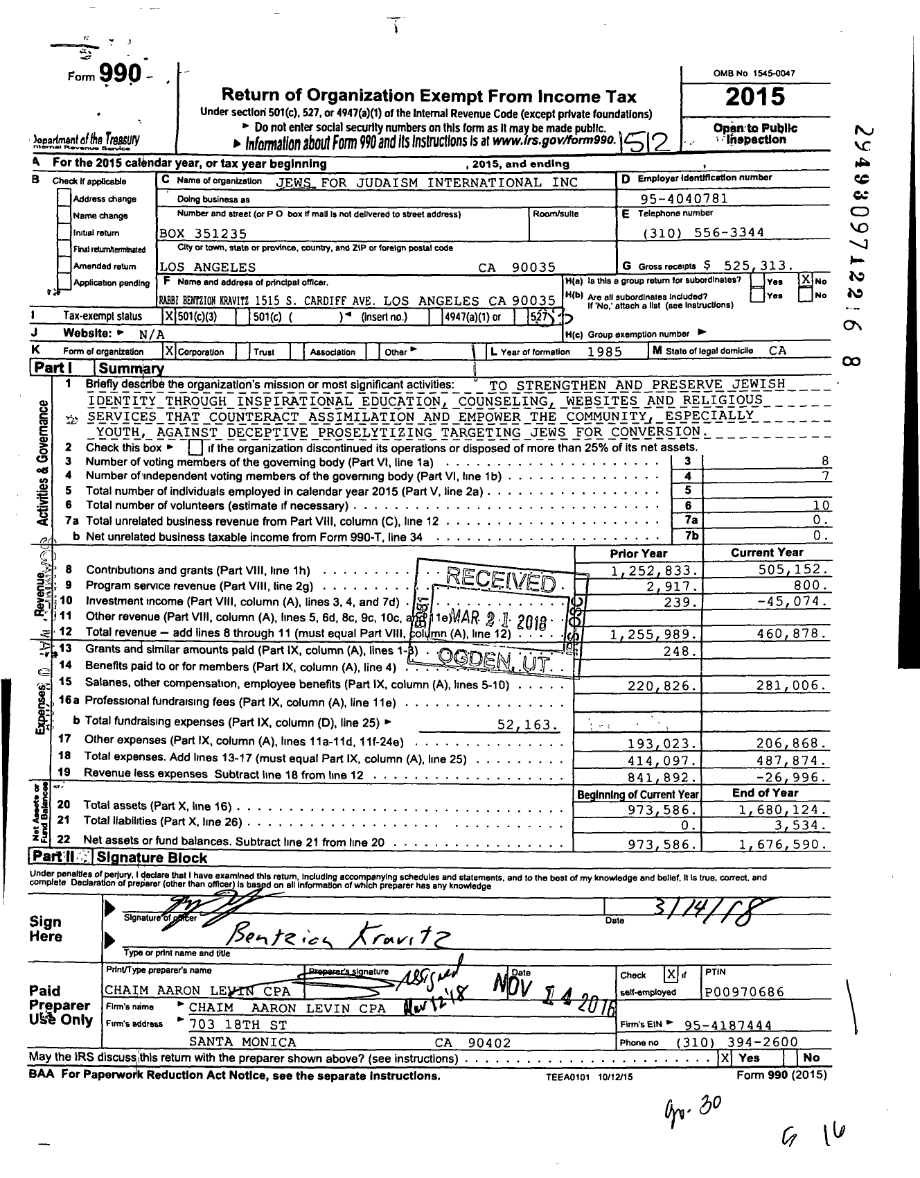 Image of first page of 2015 Form 990 for Jews for Judaism International