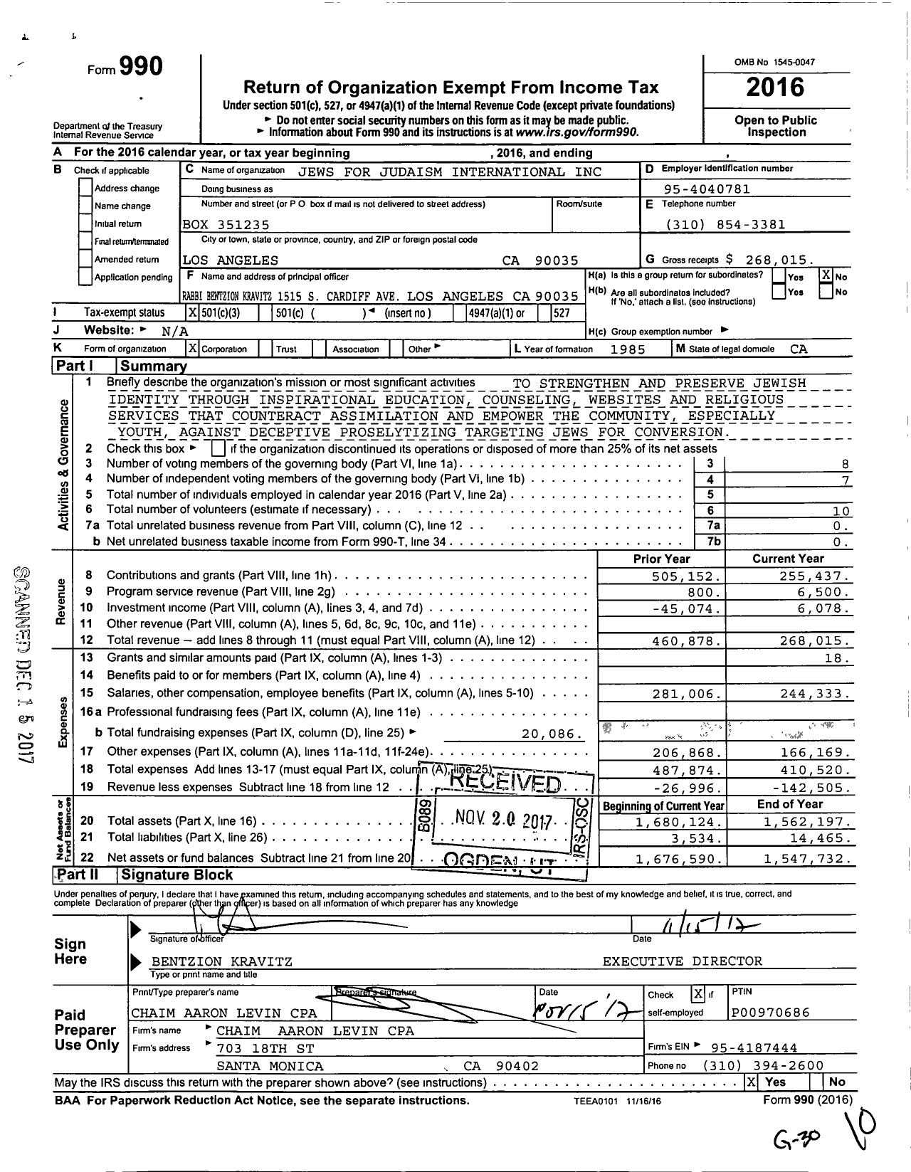 Image of first page of 2016 Form 990 for Jews for Judaism International