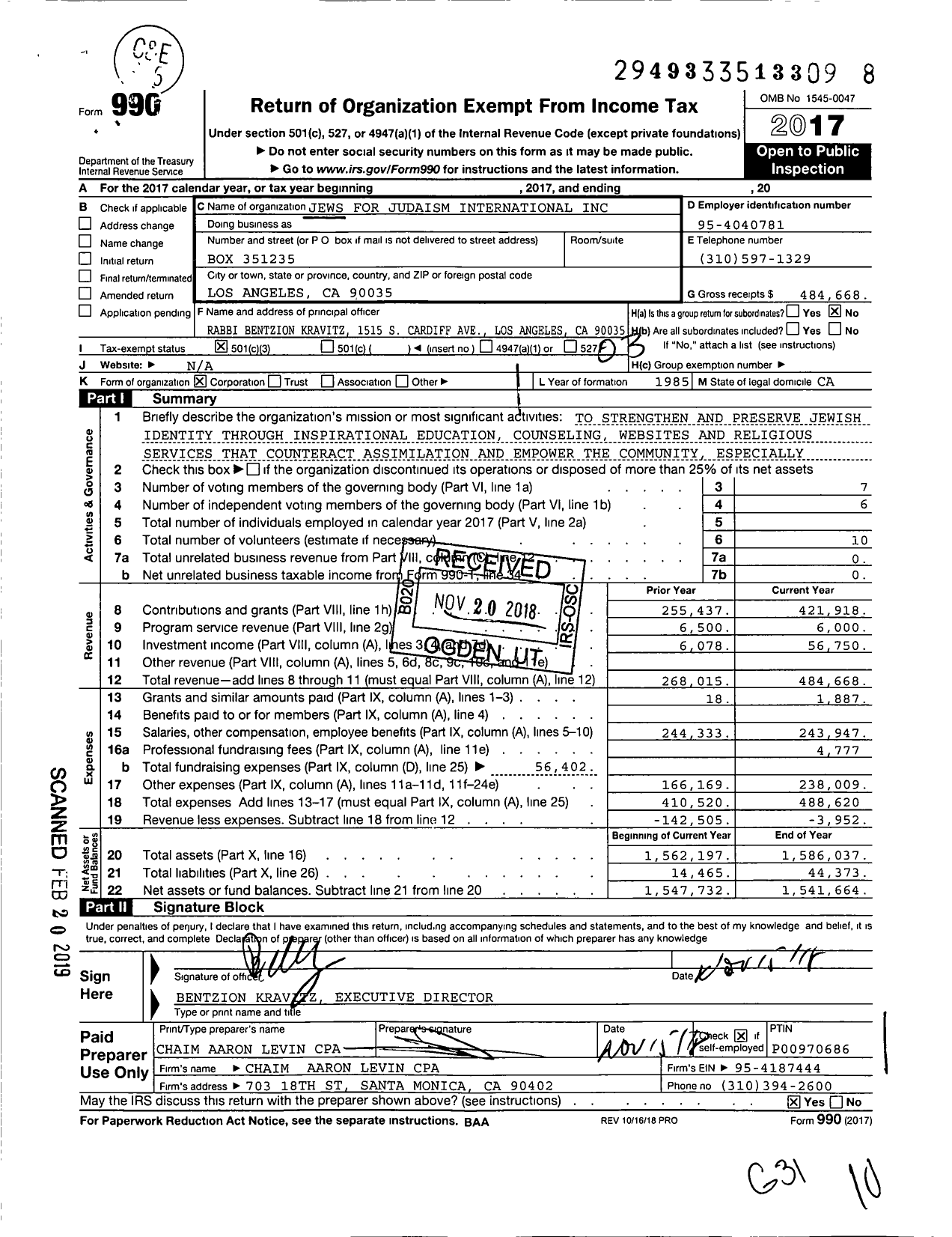 Image of first page of 2017 Form 990 for Jews for Judaism International