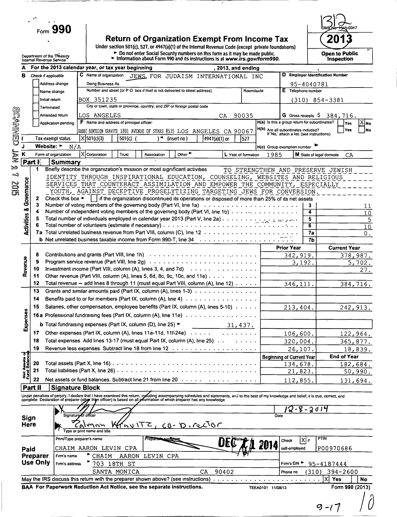 Image of first page of 2013 Form 990 for Jews for Judaism International