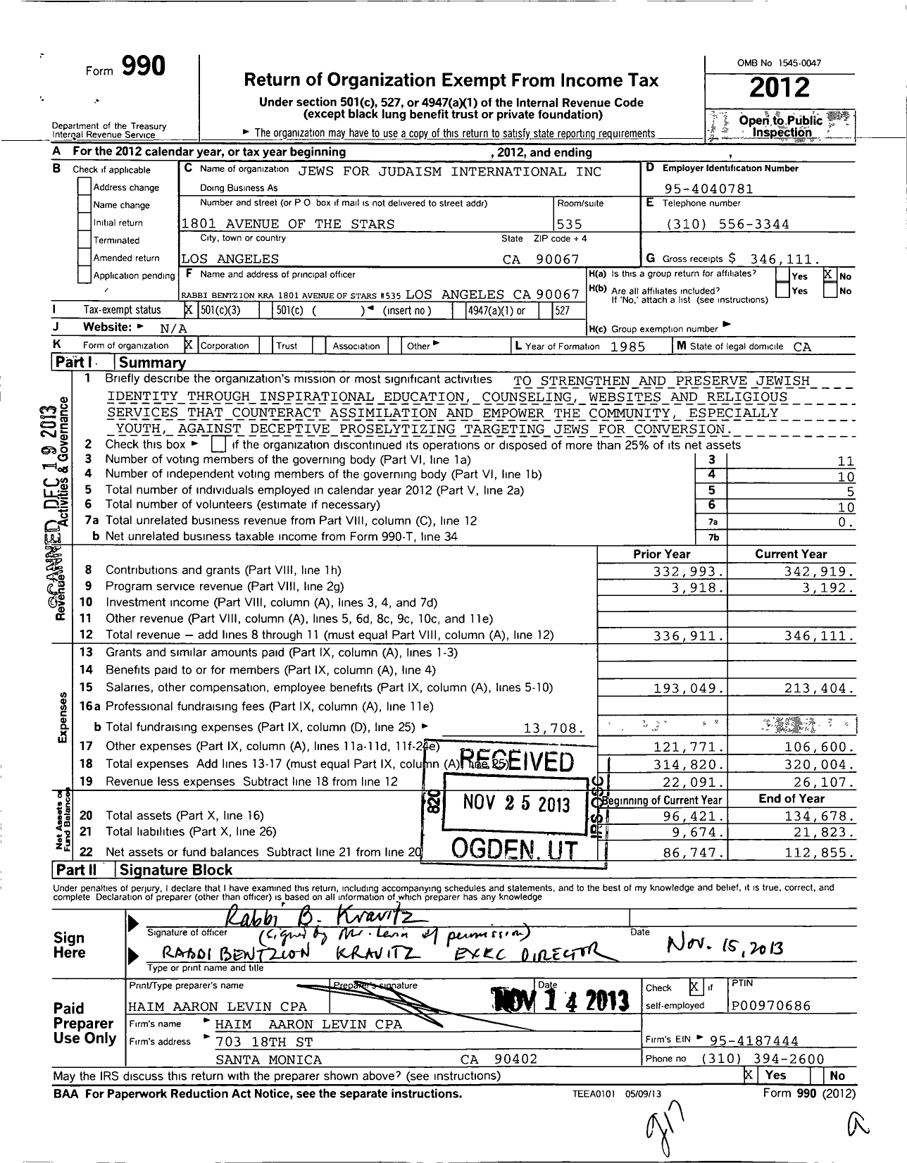 Image of first page of 2012 Form 990 for Jews for Judaism International