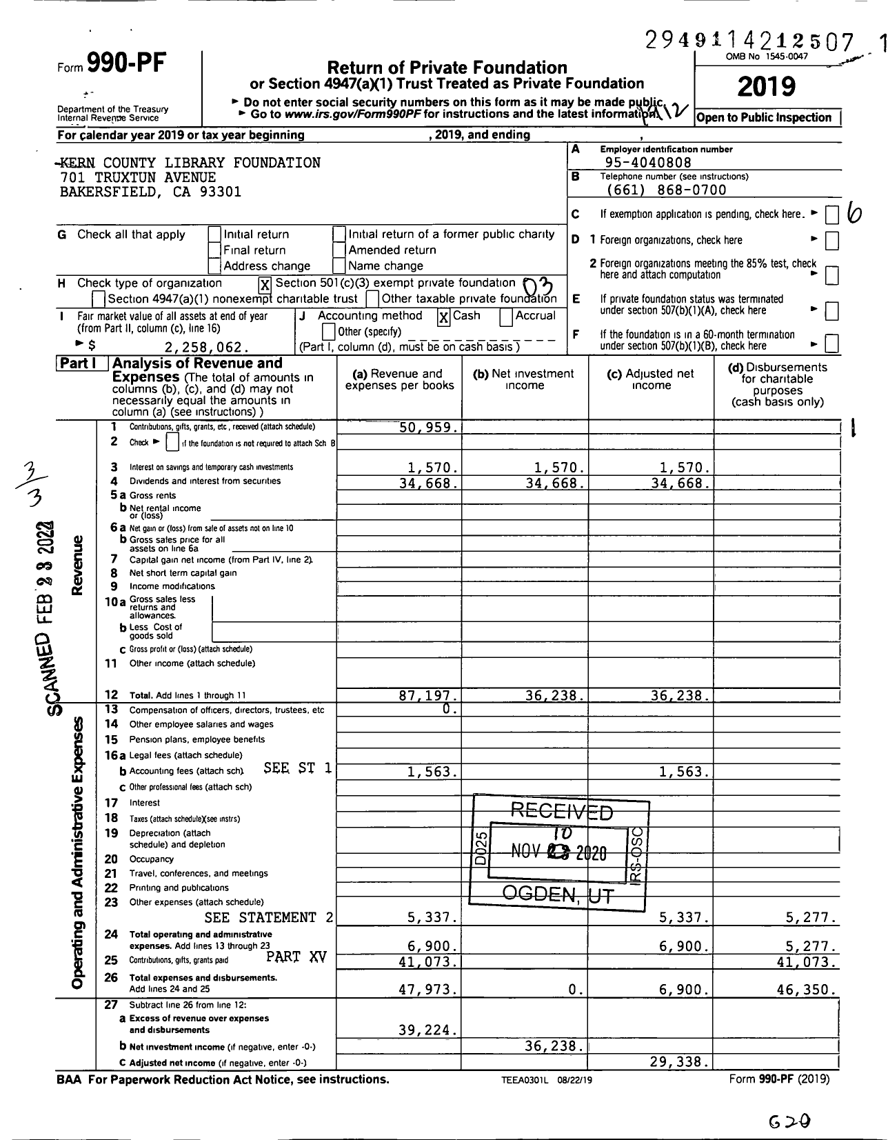 Image of first page of 2019 Form 990PF for Kern County Library Foundation