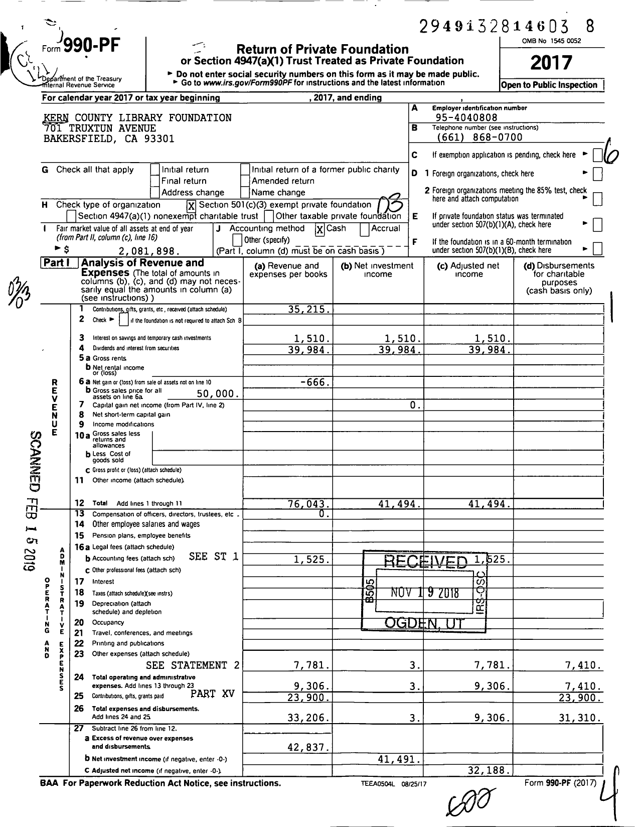 Image of first page of 2017 Form 990PF for Kern County Library Foundation